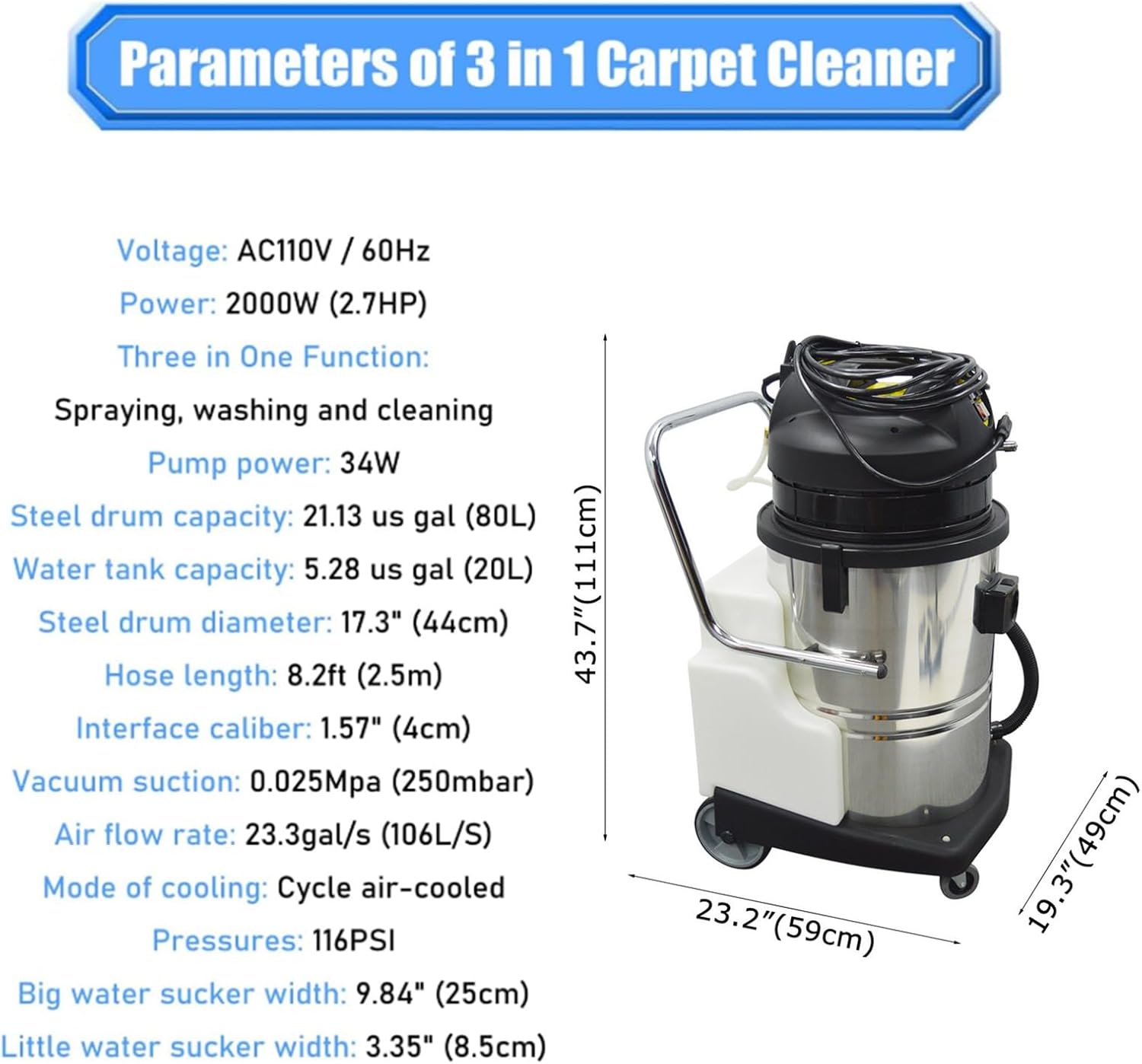 Commercial Carpet Cleaner 80L/21Gal Heavy-Duty 3 in 1 Extractor Machine (Spray,Vacuum,Wash) for Hotel/Office with 23ft Cord & Steel Drum 2000W 110V