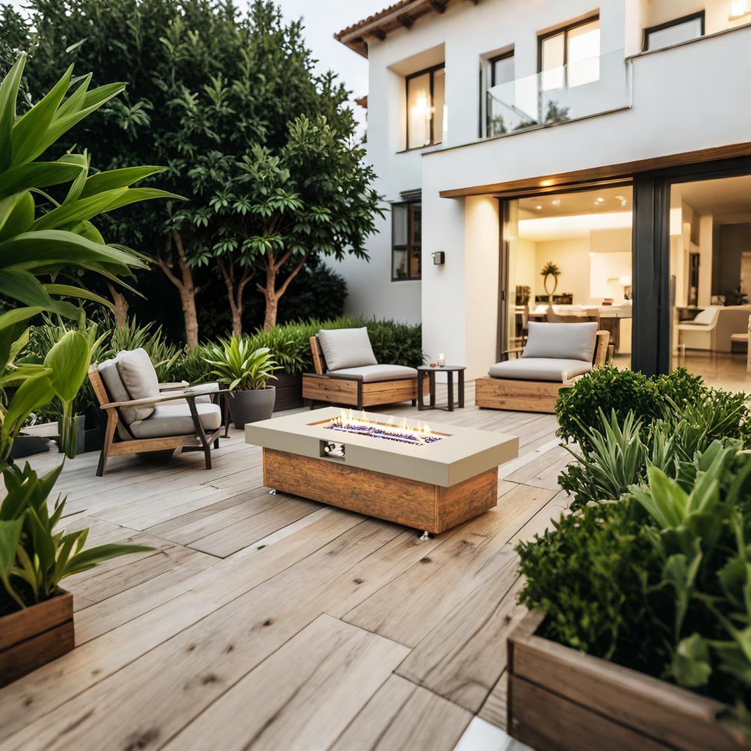 48-Inch Propane Fire Pit Table, Iron Outdoor Gas Fire Table with Wood Grain Modern Design, Stainless Steel Burner, Easy Flame Control & Waterproof Cover, Clean-Burning Firepit for Patio, Garden, Deck