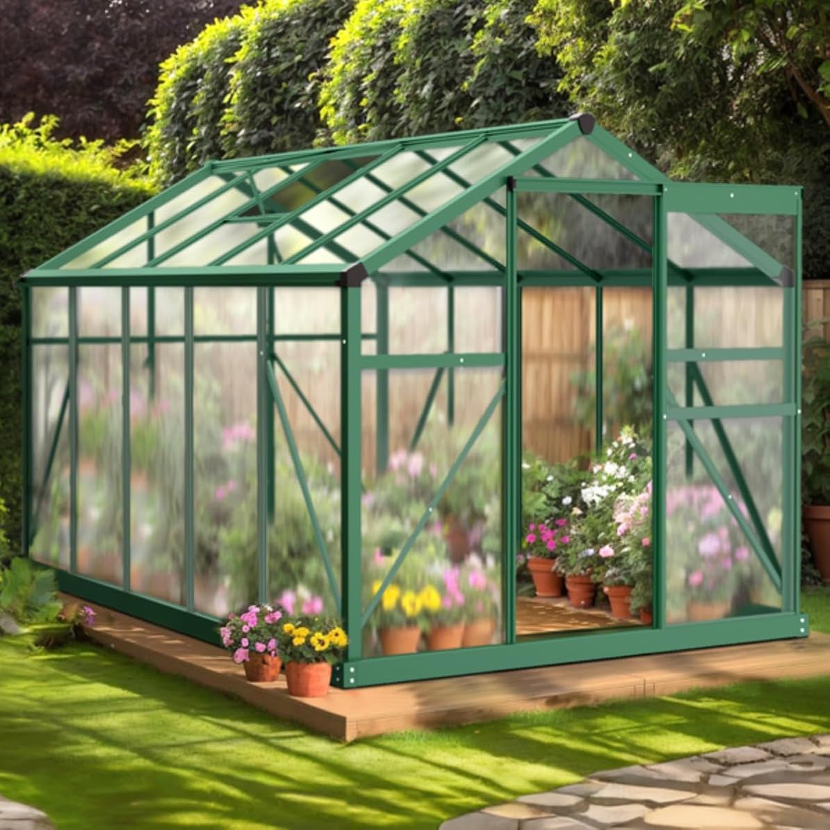 Outdoor Greenhouse Heavy Duty with Hybrid Polycarbonate Panels Strong Aluminum Frame to Withstand Strong Winds & Snowstorm Large Walk-in Winter Green Houses for Outside Garden Backyard (Green 6x10Ft)