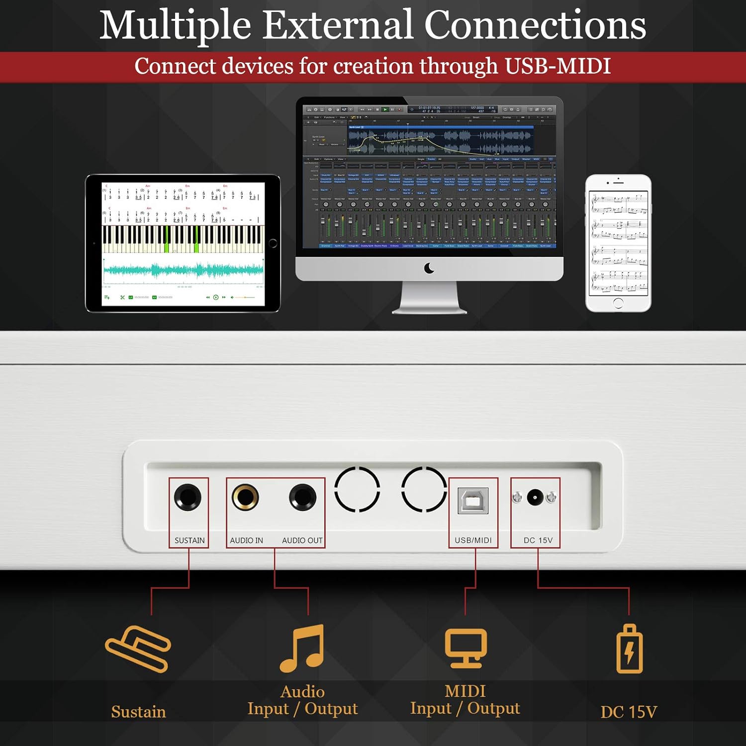 88-Key Digital Piano Keyboard, Full Size Weighted Keyboards with Music Stand, MIDI, Headphone and Piano Cover (White)