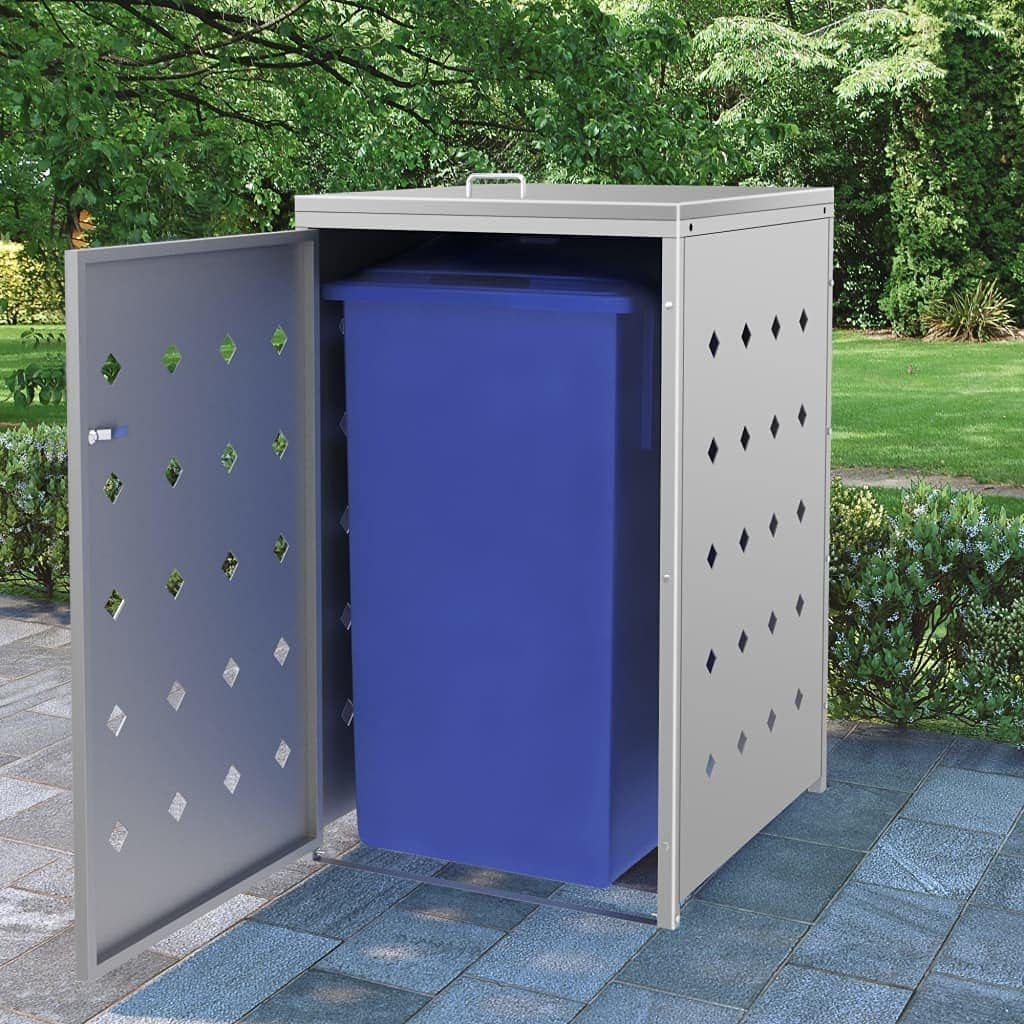 Stainless Steel Wheelie Bin Shed for 240-Litre Garbage Bin, Weatherproof Outdoor Storage with Locking System and Ventilation Holes, Easy Access Door for Waste Management