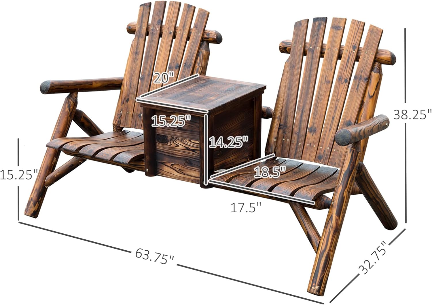 Outsunny Double Wooden Adirondack Chair with Ice Bucket, Outdoor Loveseat with High Backrest, Smooth Armrest, Rustic Brown