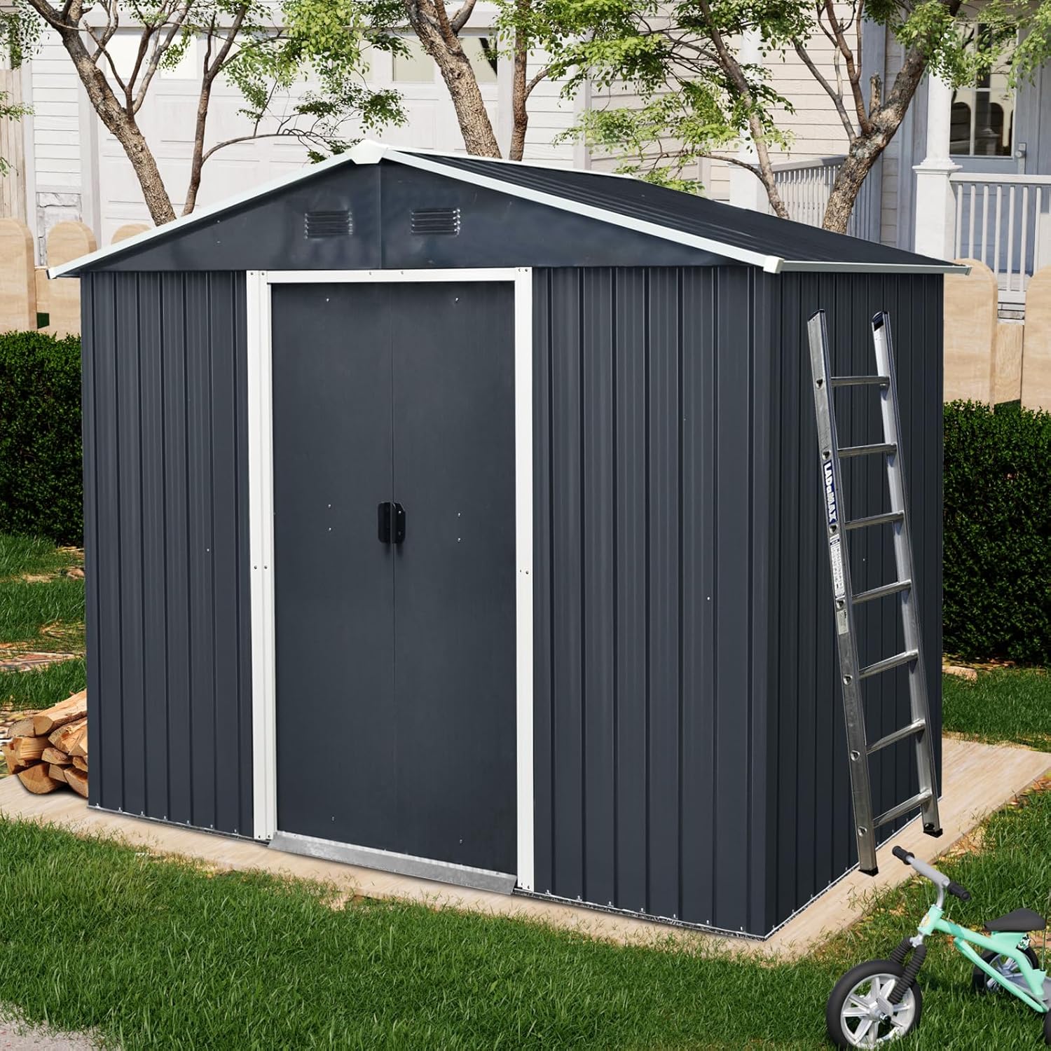 8ft x 4ft Outdoor Metal Storage Shed with Foundation - Waterproof Garden Tool Bike Sheds Kit, Lean-to Backyard Storage Building Cabinet for House,Black White