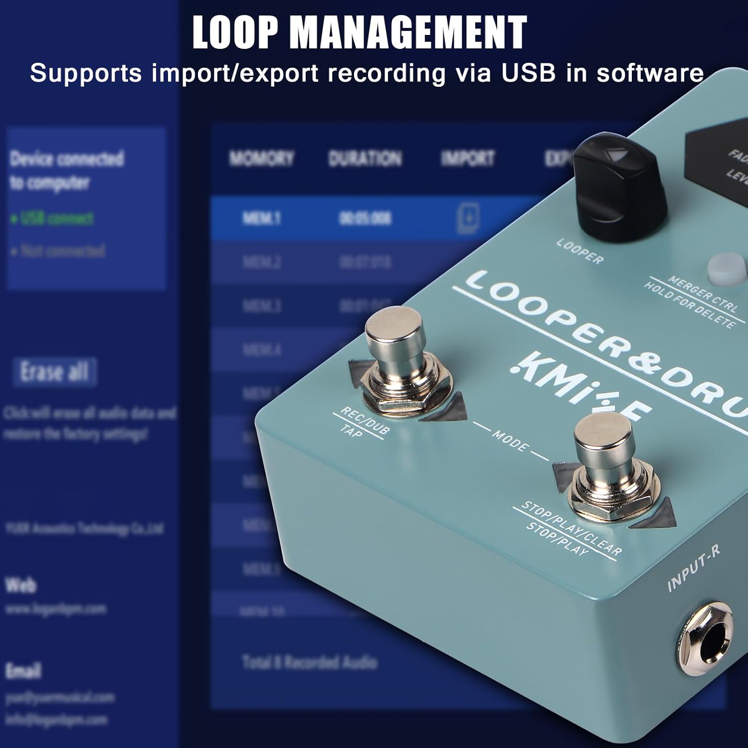 KMISE Loop Pedal & Drum Machine 2-In-1,Stereo Guitar Looper Pedal with 100 Styles Drum Grooves, 40 Slots 160 Mins Looper Recording Capacity, Support Import/Export in Editor Software. DC 9V/300 mA