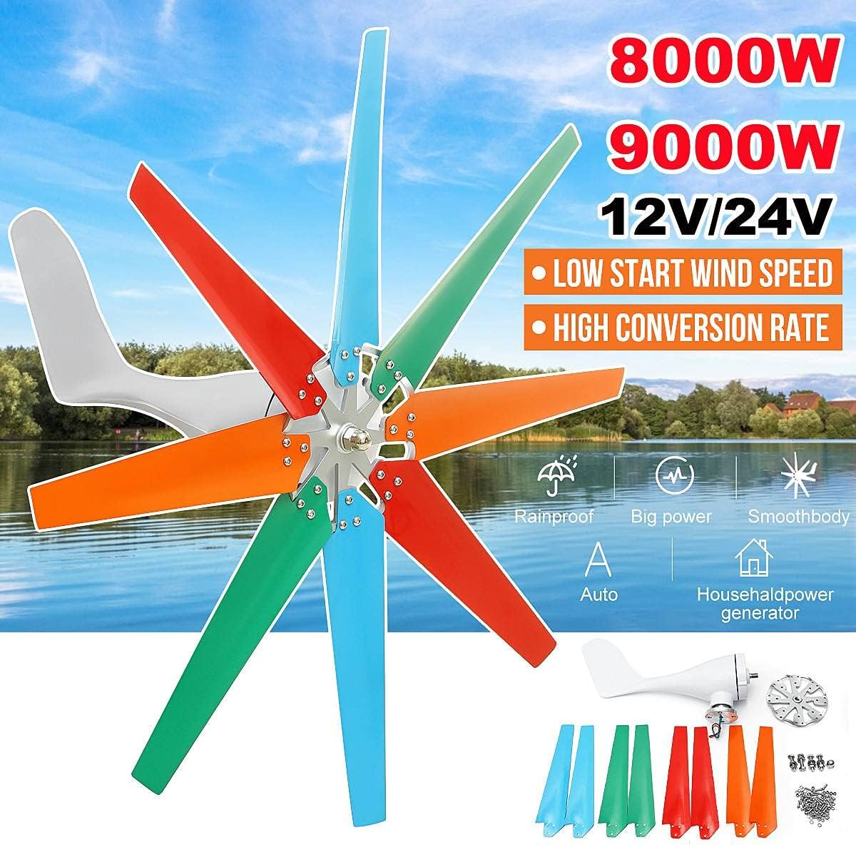 9000W 12V 24V Wind Turbine with 8 Blades Nylon Fiber Wind Turbine Generator Home Powerful Windmill Energy Turbine Charge