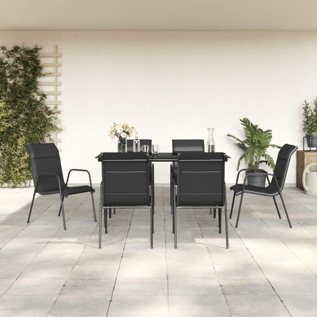 7-Piece Garden Dining Set, Black Powder-Coated Steel, Rectangular Tempered Glass Table, 6 Chairs, Patio Furniture for Outdoor Dining