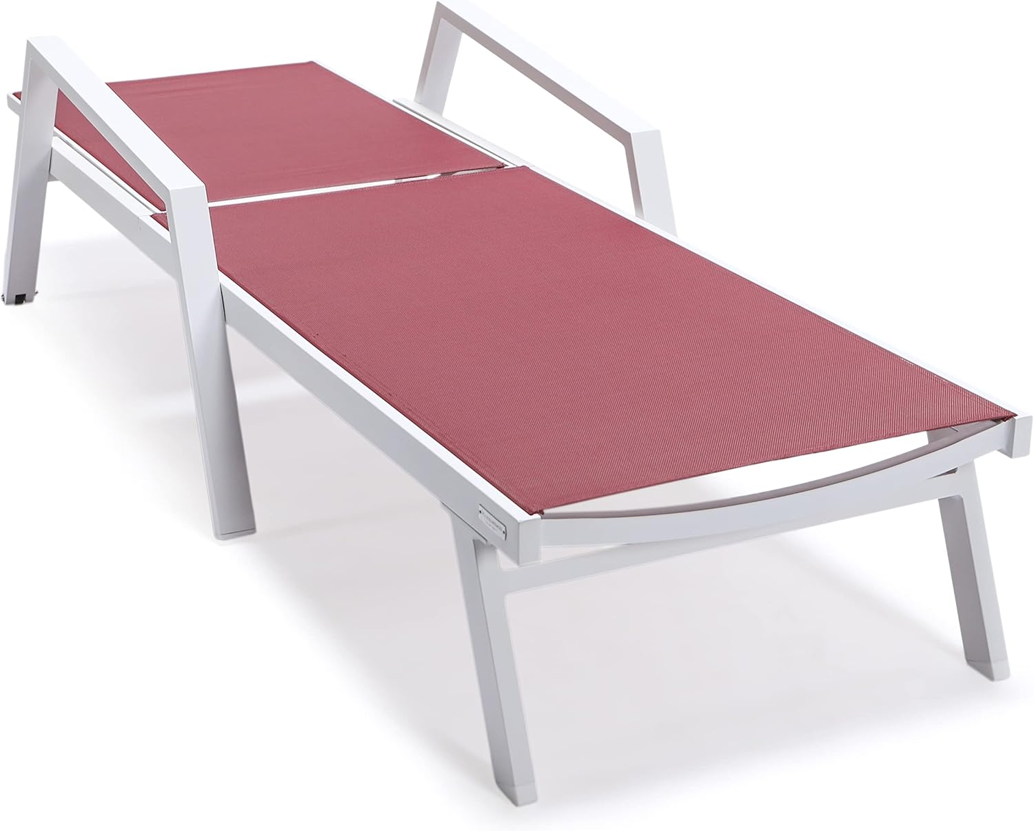 LeisureMod Modern White Aluminum Outdoor Chaise Lounge Chair with Arms and Square Fire Pit Side Table, Burgundy – Perfect for Patio, Lawn, and Garden