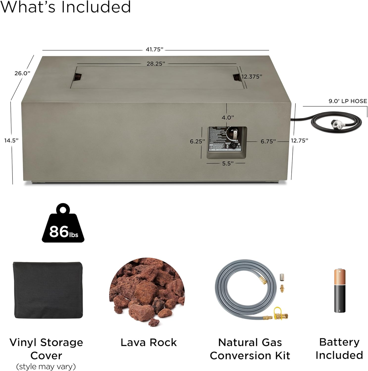 Real Flame Aegean 42in Rectangle Propane or Natural Gas Fire Pit Table, 50,000 BTU, Powder-Coated Steel, Push-Button Ignition, CSA Certified, Lava Rock, Storage Cover, Stainless Steel Burner with Lid