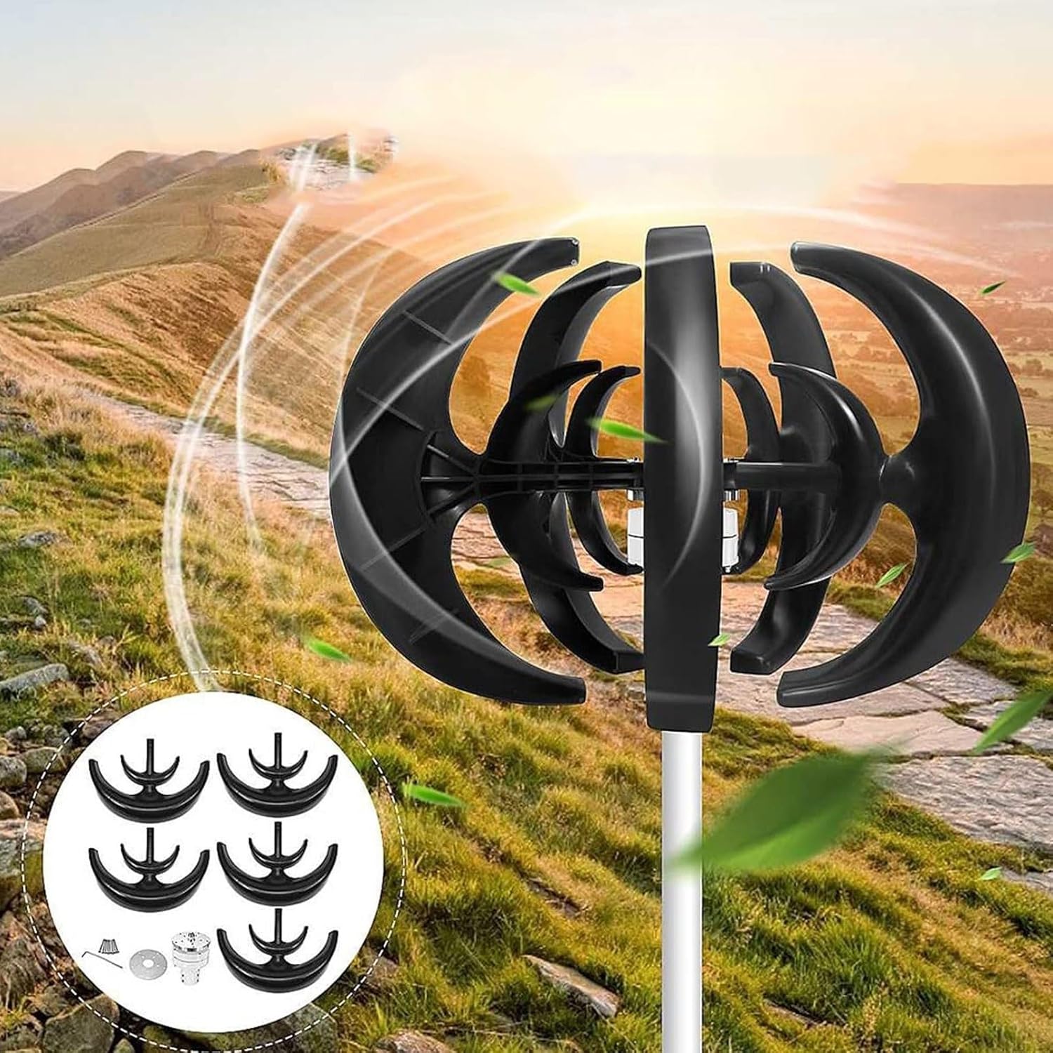 5 Blade 1000W 12V/24V/48V Wind Turbine, Vertical Axis Wind Turbine Low Wind Speed Starting Wind Turbines with MPPT Charge Controller, Three-Phase Permanent Magnet Generator (12, Volts)