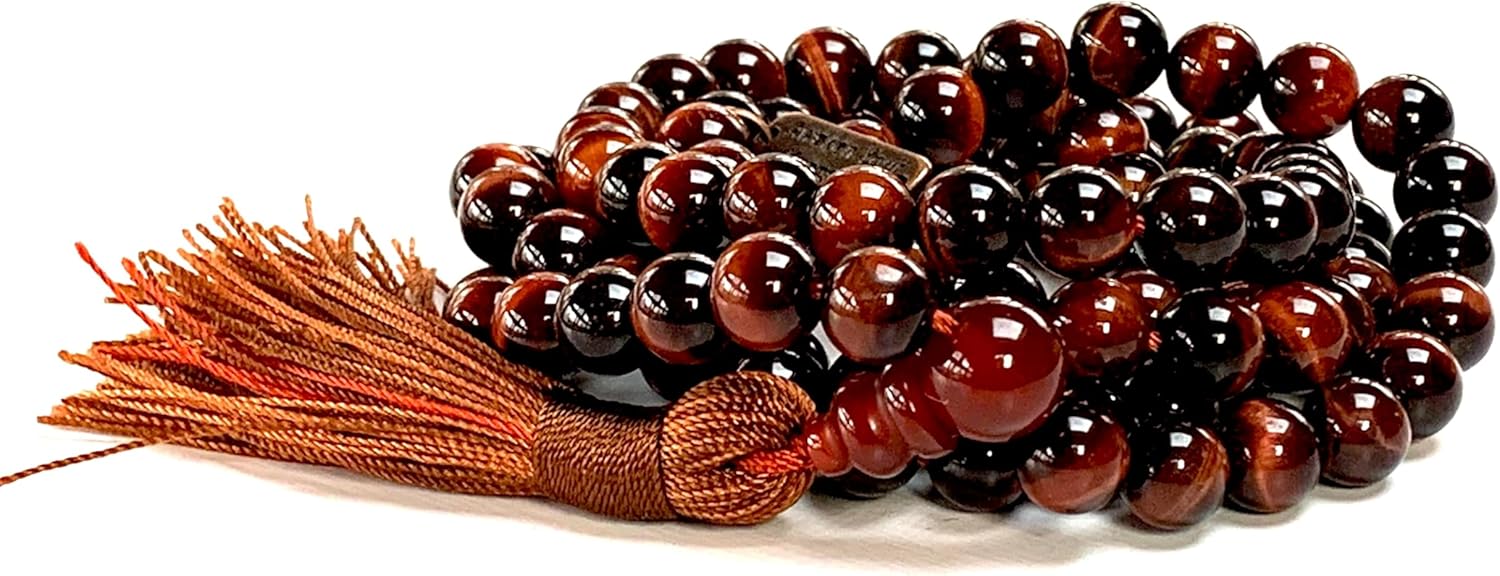 AWAKEN YOUR KUNDALINI Red Tiger's Eye Tiger Eye Beaded Mala Necklace - 8mm 108 Prayer Beads Rosary - Power, Authority, Boost Libido, Vitality
