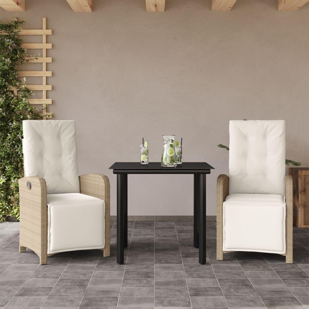 3 Piece Bistro Set with Cushions Beige Poly Rattan,Versatile Outdoor Patio Bistro Set with Reclining Chairs, Adjustable Backrest, and Glass Top Table Furniture Sets for Patio, Lawn & Garden
