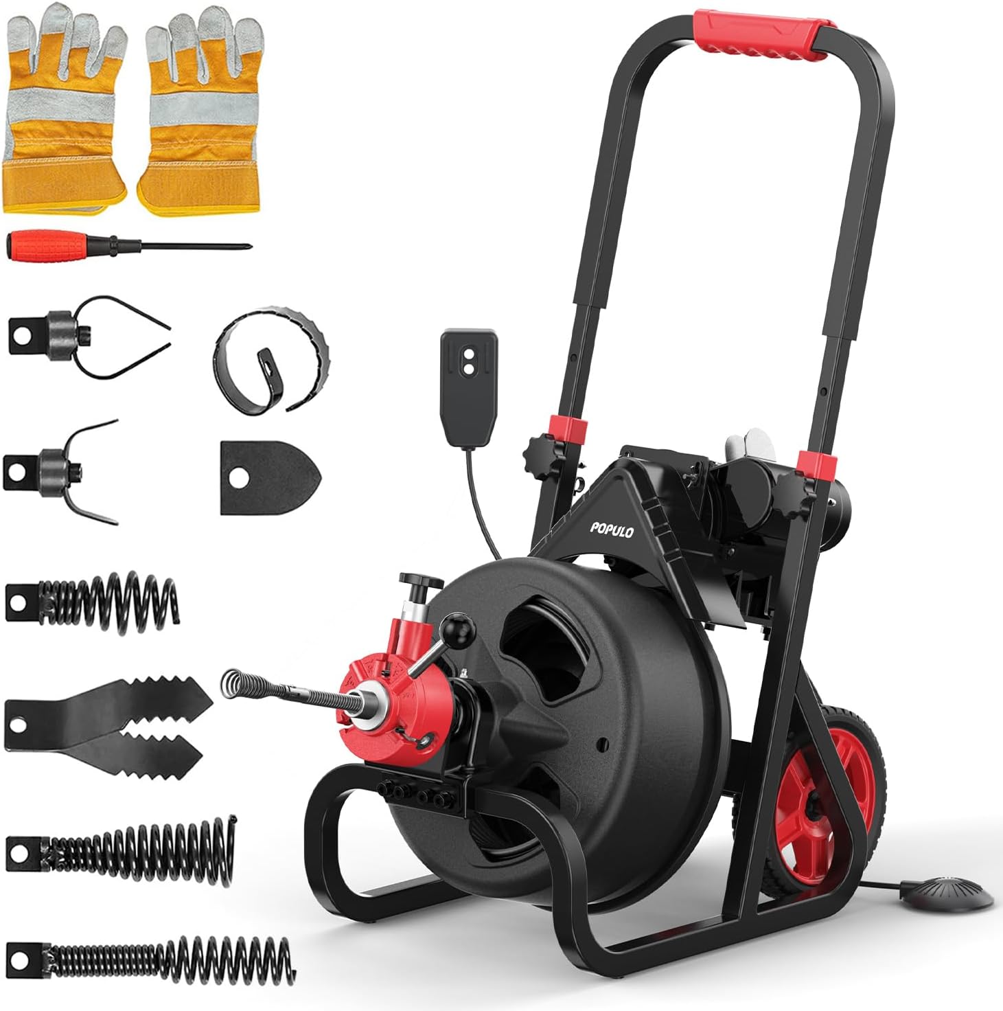 POPULO Drain Cleaner Machine 100Ft x 3/8 Inch, Auto feed Sewer Snake Auger on Wheels, Electric Drain Auger Professional for 1.5 to 3 Inch Pipes & Foot Switch with 8 Cutters