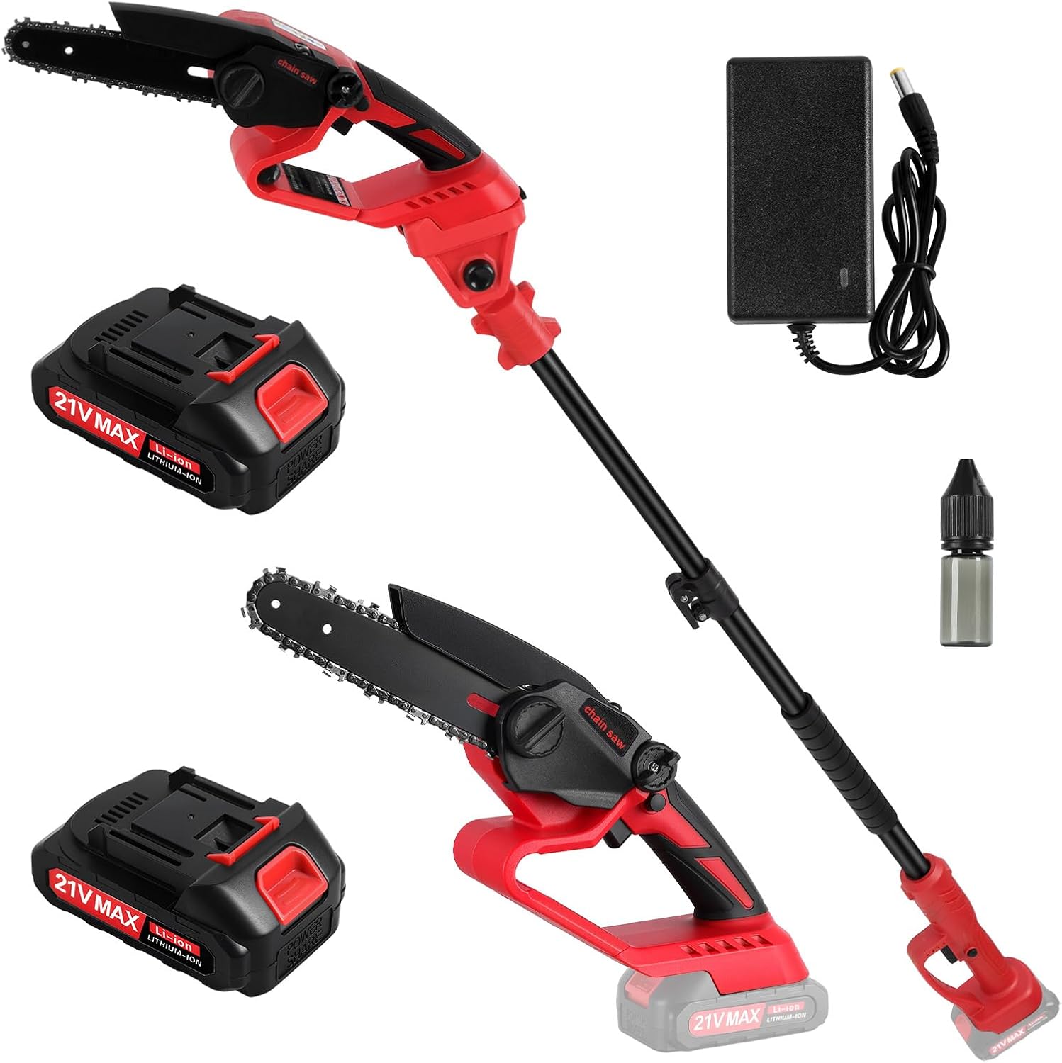 2-IN-1 Cordless Pole Saw & 6 Inch Mini Chainsaw, with 2 Pack Battery and Charger, Electric Pole Saw for Tree Trimming with Adjustable Extension Pole (red)