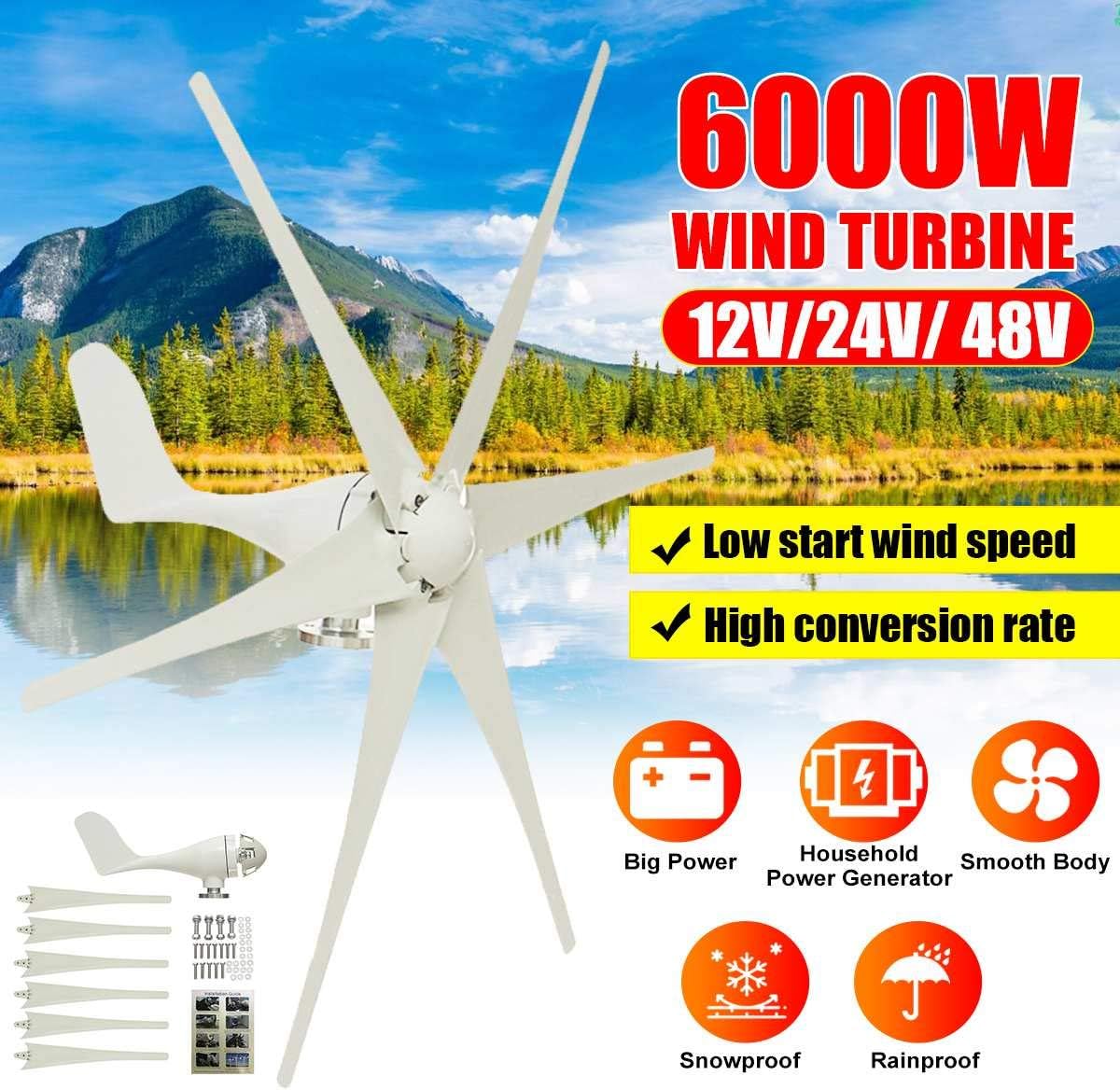 6000W 12V/24V/48V 6 Blade Wind Turbines Generator Efficient Wind Turbines Horizontal Home Power Windmill Energy Turbines Charge