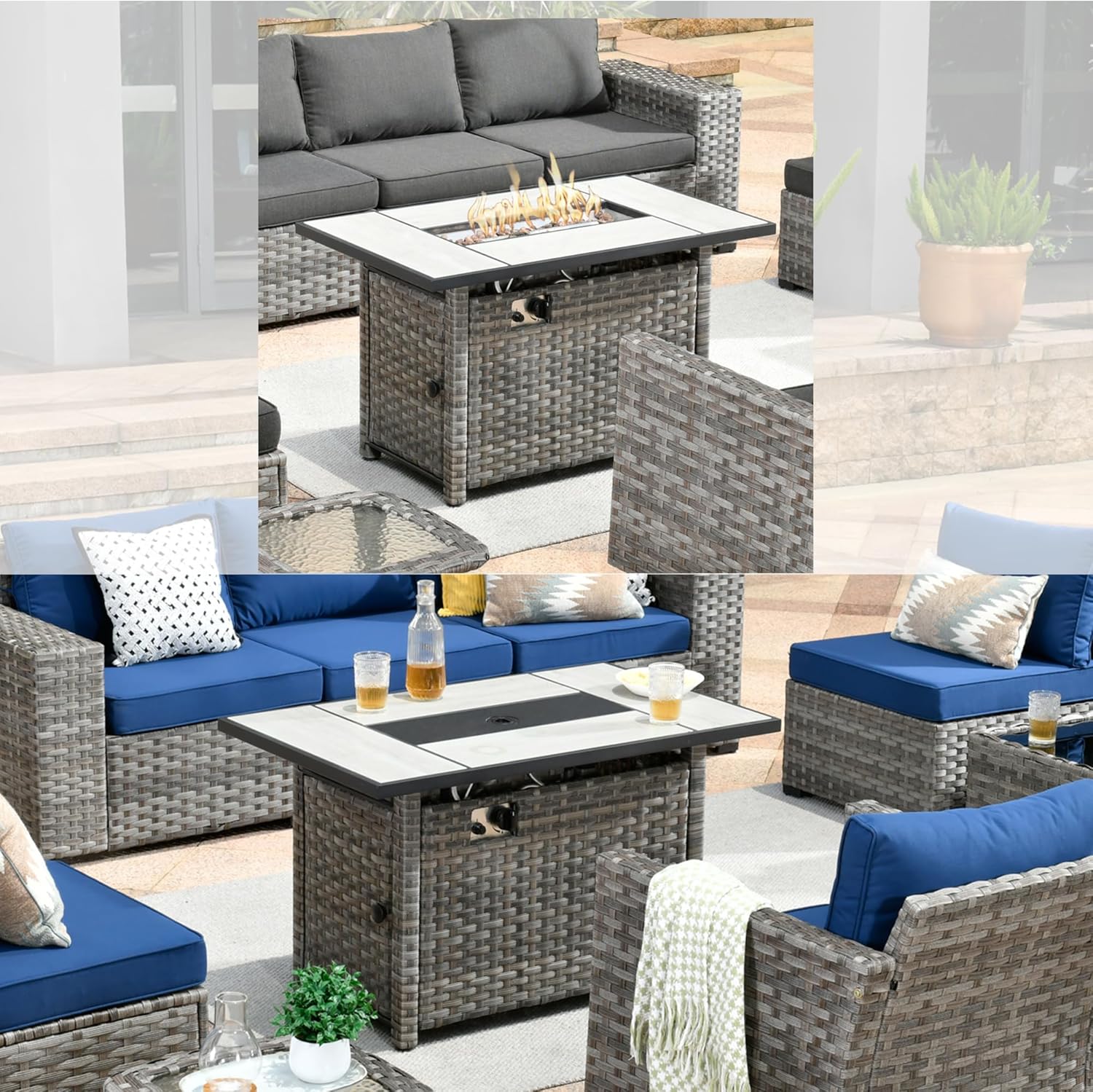 HOOOWOOO Rectangular Outdoor Fire Table 50,000 BTU Propane Patio Fire Pit Table Outside Firepit for Matching Wicker Patio Conversation Set