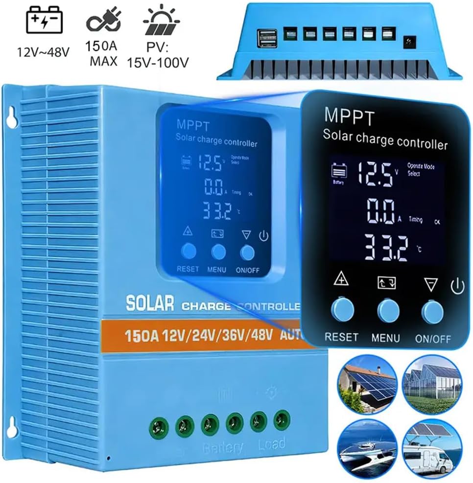 150A MPPT Solar Charge Controller,12V/24V/36V/48V/96V Auto,Max Input 150V LCD Display Regulator Intelligent Regulator Charge Controller