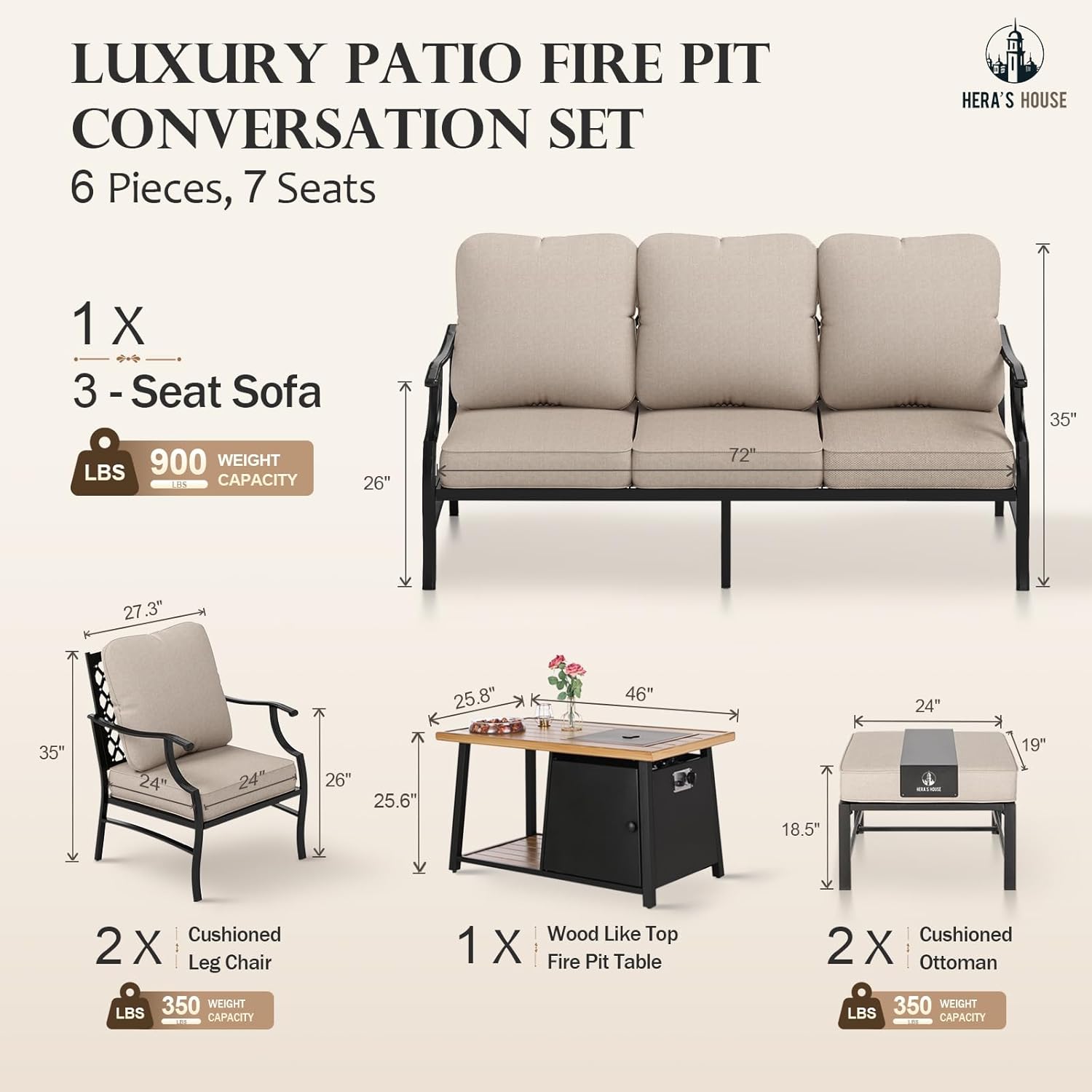 HERA'S HOUSE 6 Pieces Patio Furniture Set with Fire Pit Table, 2 x Single Chair, 2 x Ottoman, 3-Seat Sofa with 46