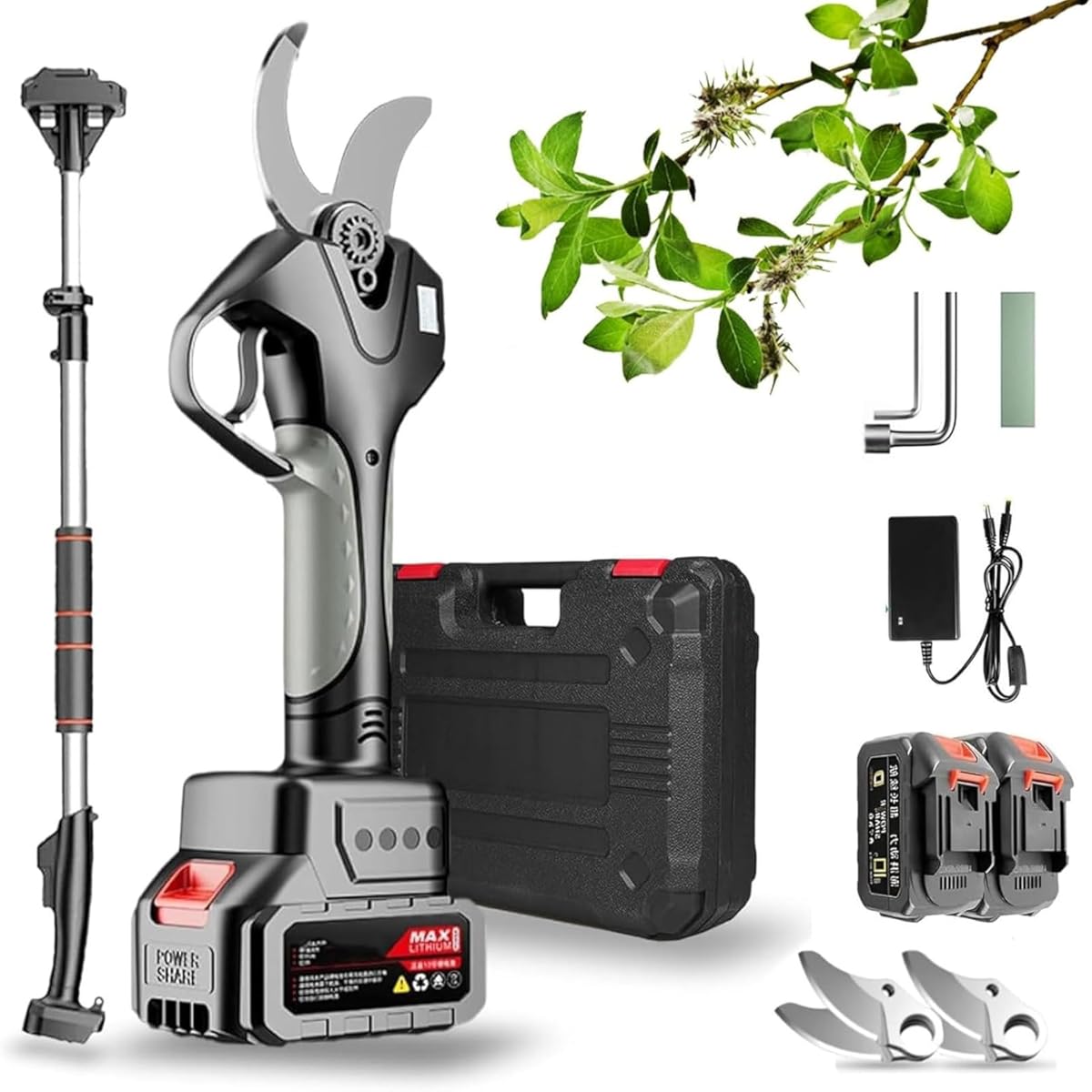 Cordless Electric Pruning Shears,Pole Saw Secateurs with Extension Pole,5m Long Reach Telescopic Pole Pruner,Cutting Diameter 50mm,150° Adjustable Head,Tree Scissors Pruners for Gardening