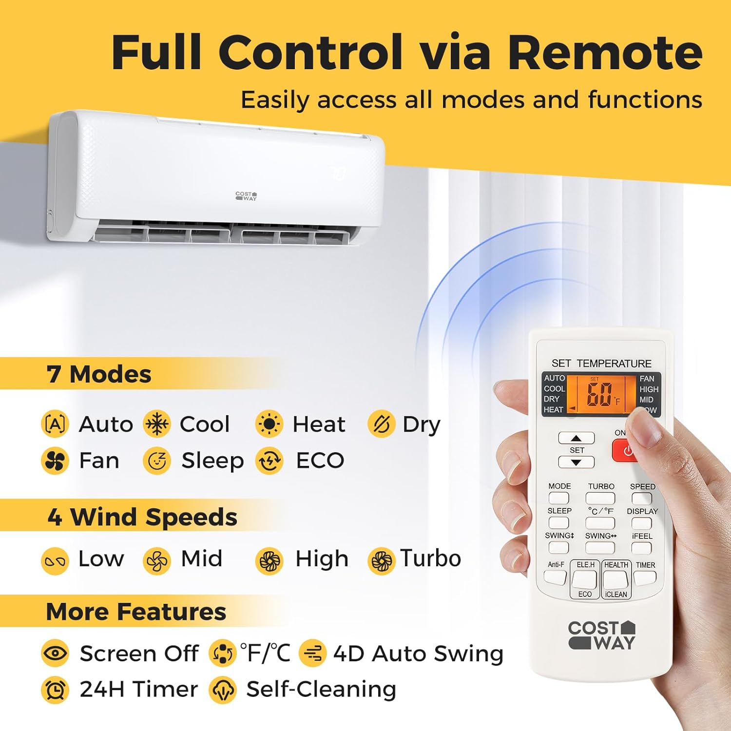 COSTWAY 12,000 BTU Mini Split Air Conditioner, with Heat Pump, Energy Star, 21 SEER2 Inverter, 24H Timer, Auto Clean, Remote Control for Rooms up to 750 Sq.Ft, 208-230V (Airtural Series)