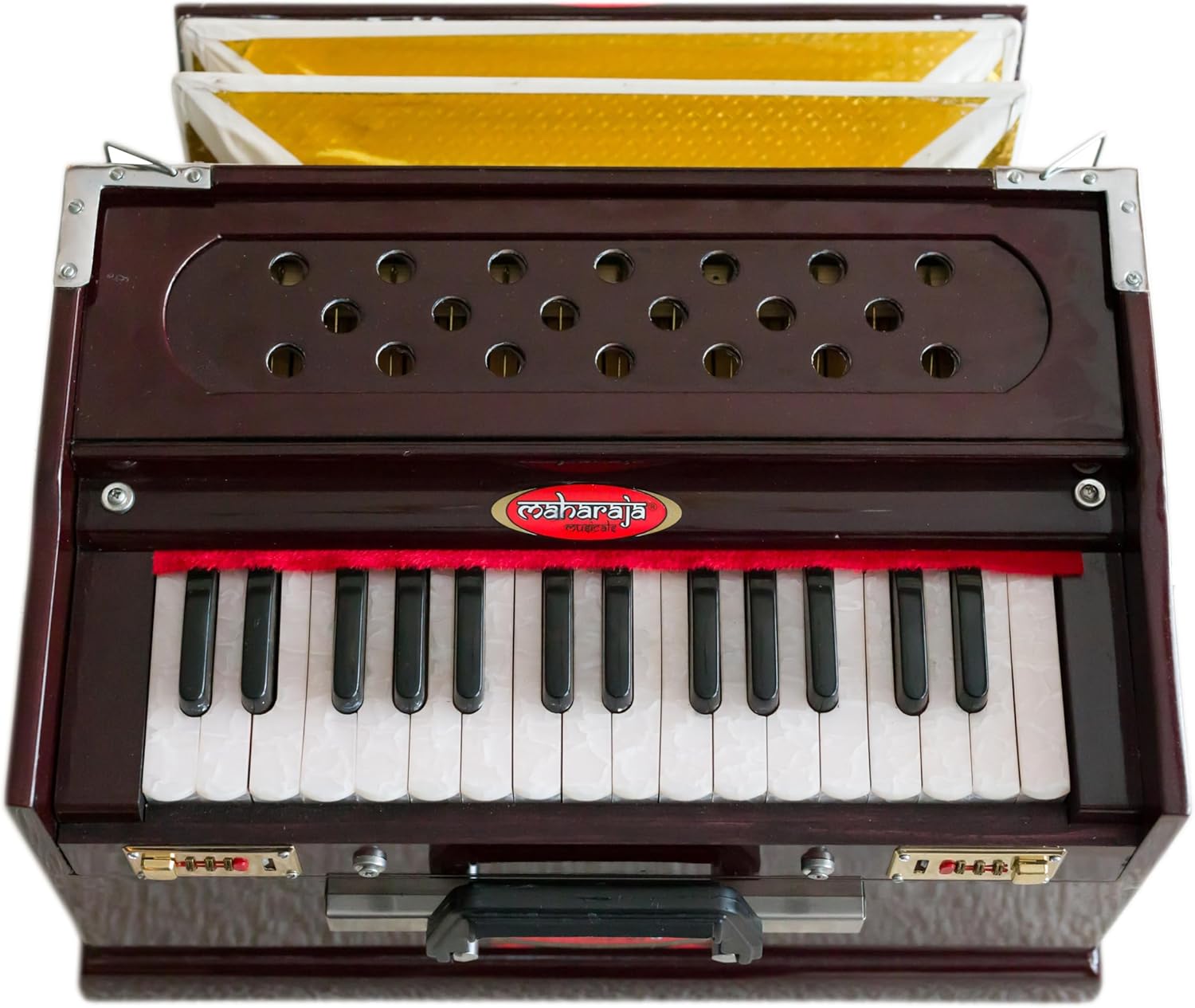 Portable Harmonium, Maharaja Musicals, Small, 2 1/4 Octaves Saptak, Dark Mahogany Color, 3 Fold Bellow, 17x10x10 Inch, Handle, Bag, Kirtan Yoga Companion, Handmade Harmonium Instrument-PH2