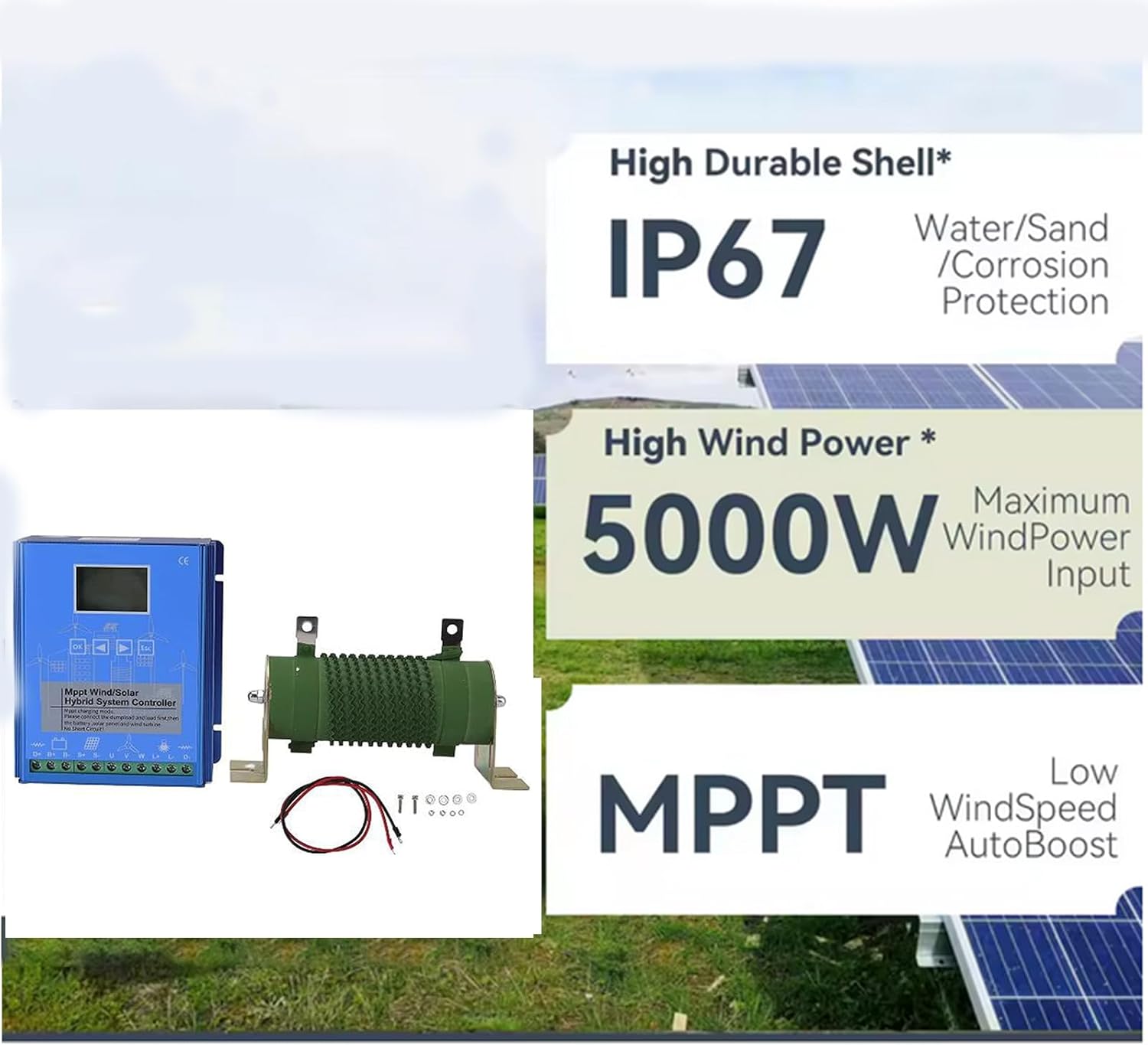 Solar Wind Hybrid System Charge Controller, 5000W 12V/24V/48V with Dump Load Resistor High Efficiency Wind and Solar Hybrid Controller Regulador 48V,12V