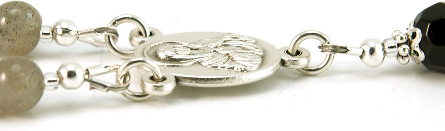 AWEHIRU Silver Inches Catholic Prayer Beads St Michael Protector Small Chaplet Labradorite Gemstone Blessed with Anointing Oil