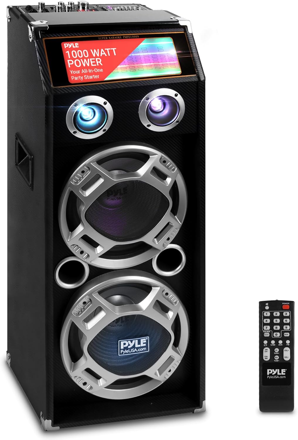 Pyle Wireless Active PA Speaker System - 1000W Portable High Powered Bluetooth Compatible Outdoor Sound Speaker w/ USB SD MP3 FM Radio AUX RCA LED DJ Lights - 35mm Stand Mount, Remote