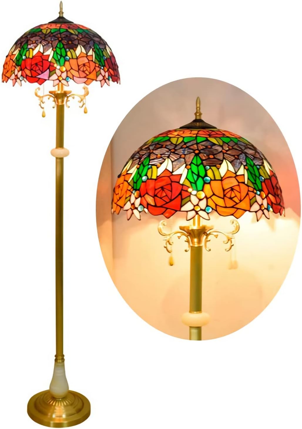 Tiffany-Style Floor Lamp, 16 Inch Rose Stained Glass Readlight, Vintage All Copper Base Standlamp for Bedroom Office