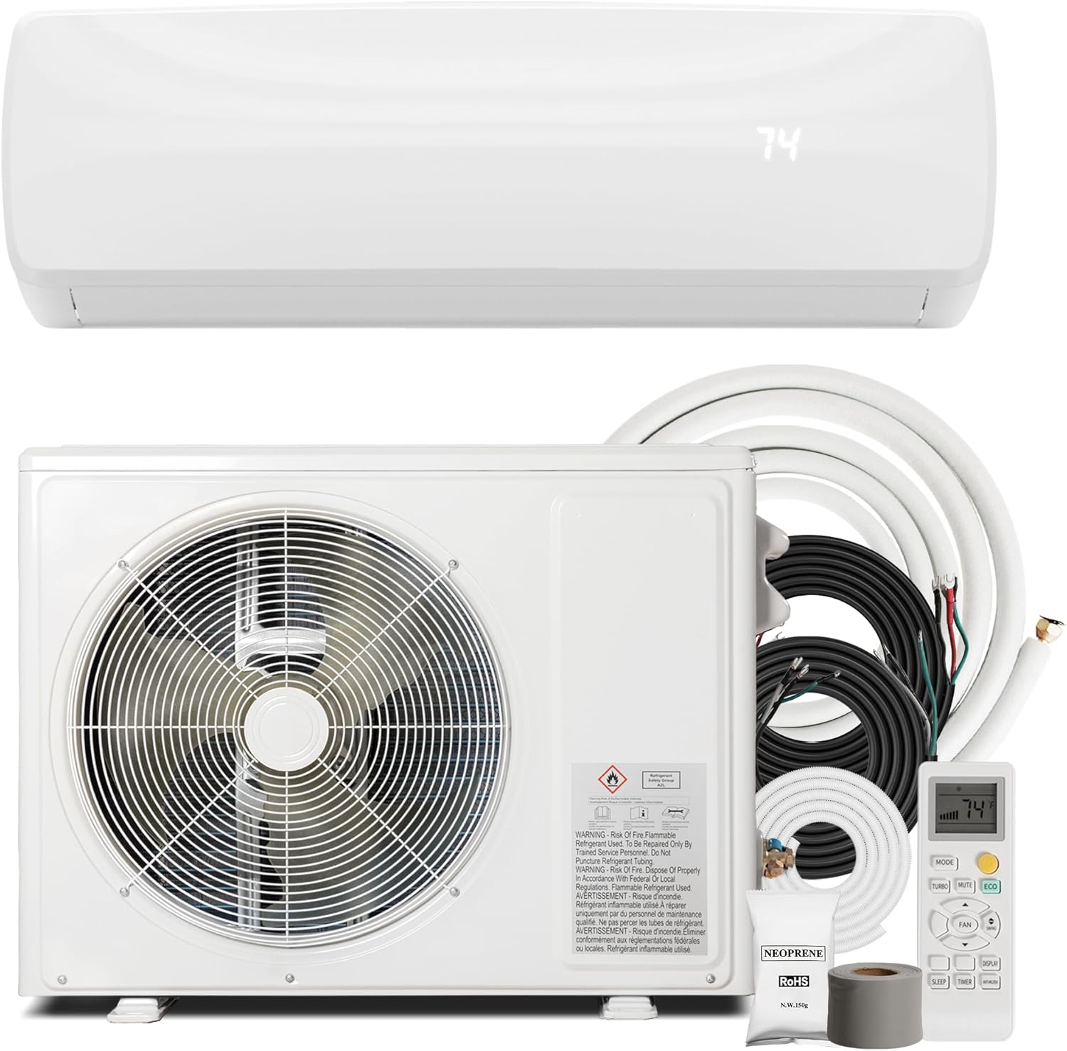 18000BTU Mini Split Air Conditioner Heat Pump, 19 SEER2 Inverter Compressor AC Unit Cools Rooms up to 1250 Sq. Ft, 230V Ductless Split AC with Pre-Charged Condenser & Installation Kit