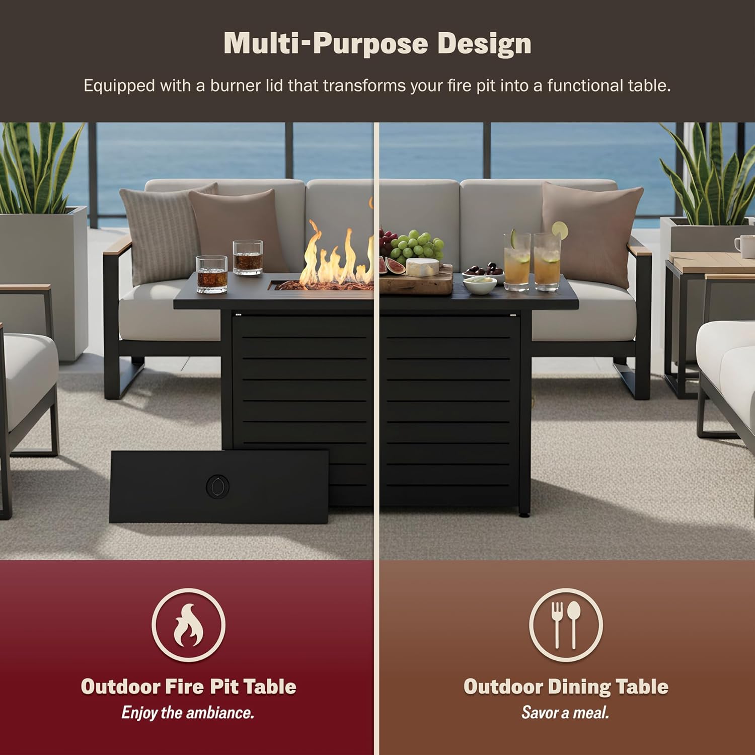 Mazatzal 42 Inch Propane Fire Pit Table, 60,000 BTU Outdoor Tabletop Fire Pit with Lid, Weather Cover, Lava Rock, Rectangular Steel Gas Fire Pit for Outside, Patio, Backyard, CSA-Certified, Black