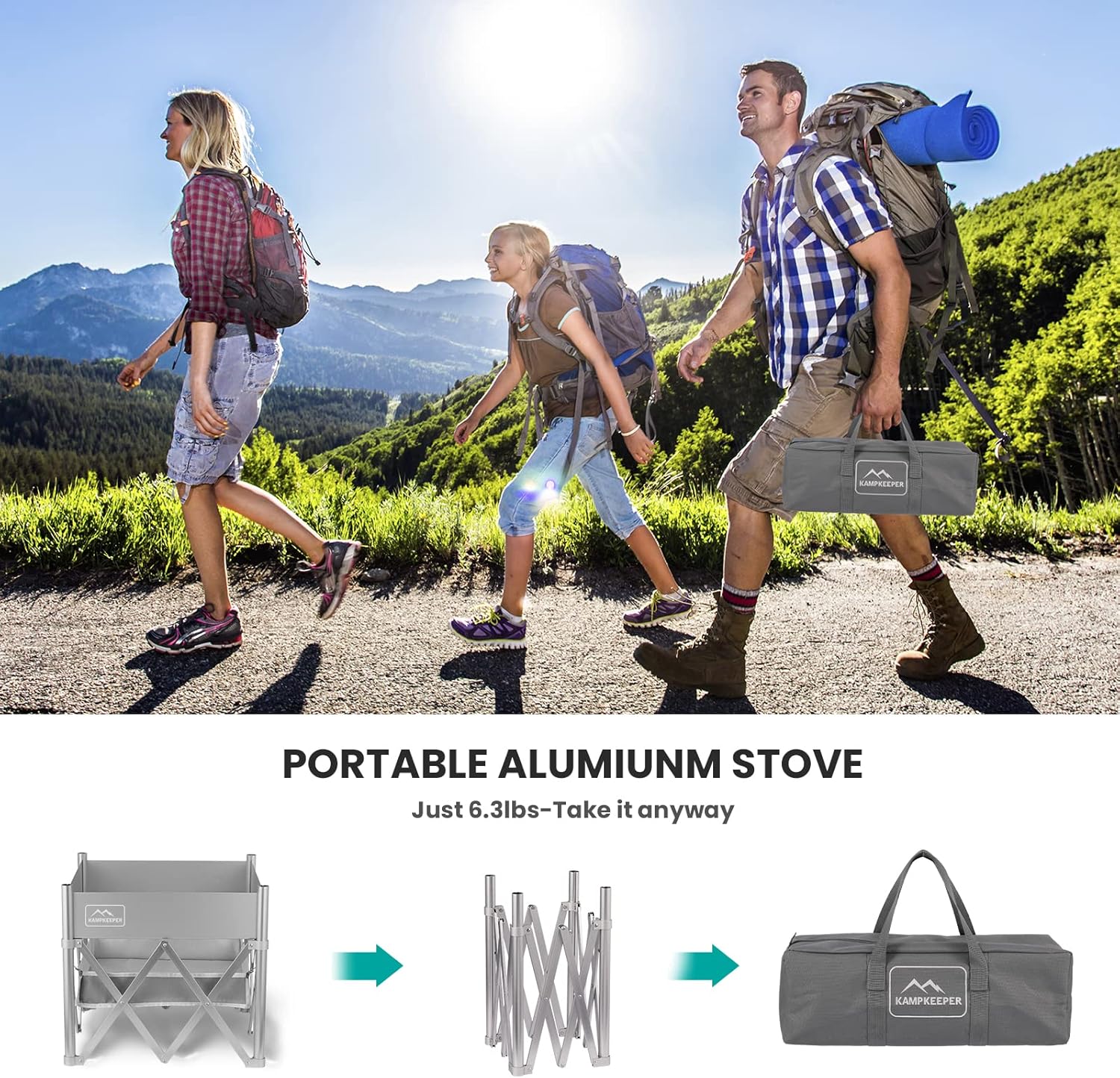 KAMPKEEPER Portable Fire Pit, Outdoor Tabletop Firepit 18 Inch, 304 Stainless Steel Wood Burning Fireplaces, Collapsible Pop Up Fire Pit for Outside, Included Heat Shield for Leave No Trace Fires