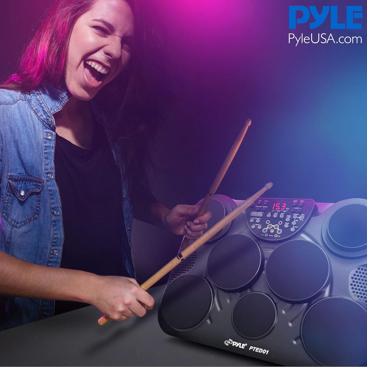 Pyle Electronic Tabletop Digital Drum Set, Compact Portable Drum Pad Kit w/ 8 Touch Sensitive Pads and Pedals, 600 Sounds, USB & Headphone Outputs, MIDI/AUX Inputs, 4x5” Drums & 4x3.5” Cymbals