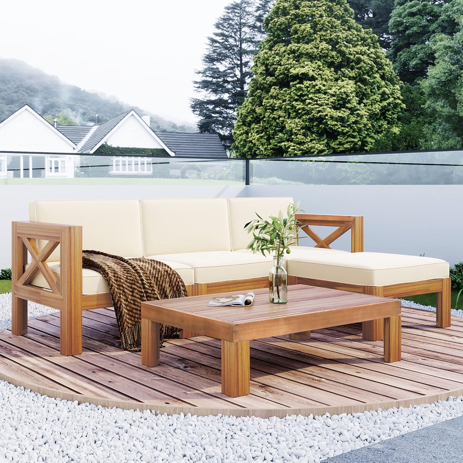 5-Piece Patio Acacia Wood Outdoor Furniture Sectional Conversation Sets Sofa Set with Slatted Tabletop Tea Table and X-Back Wood Frame, Removable Cushions