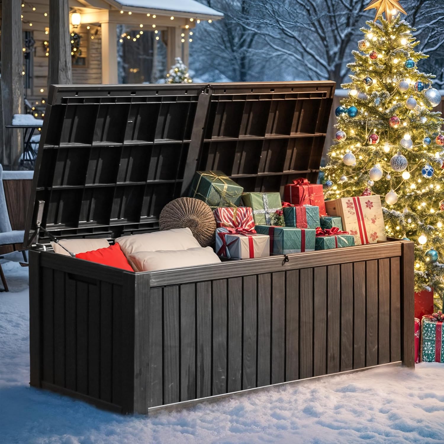 YITAHOME 150 Gallon Large Deck Box w/Divider, XL Waterproof Outdoor Storage for Patio Furniture,Outdoor Cushions, Garden Tools, Sports Equipment and Pool Supplies, Resin, Lockable, Black