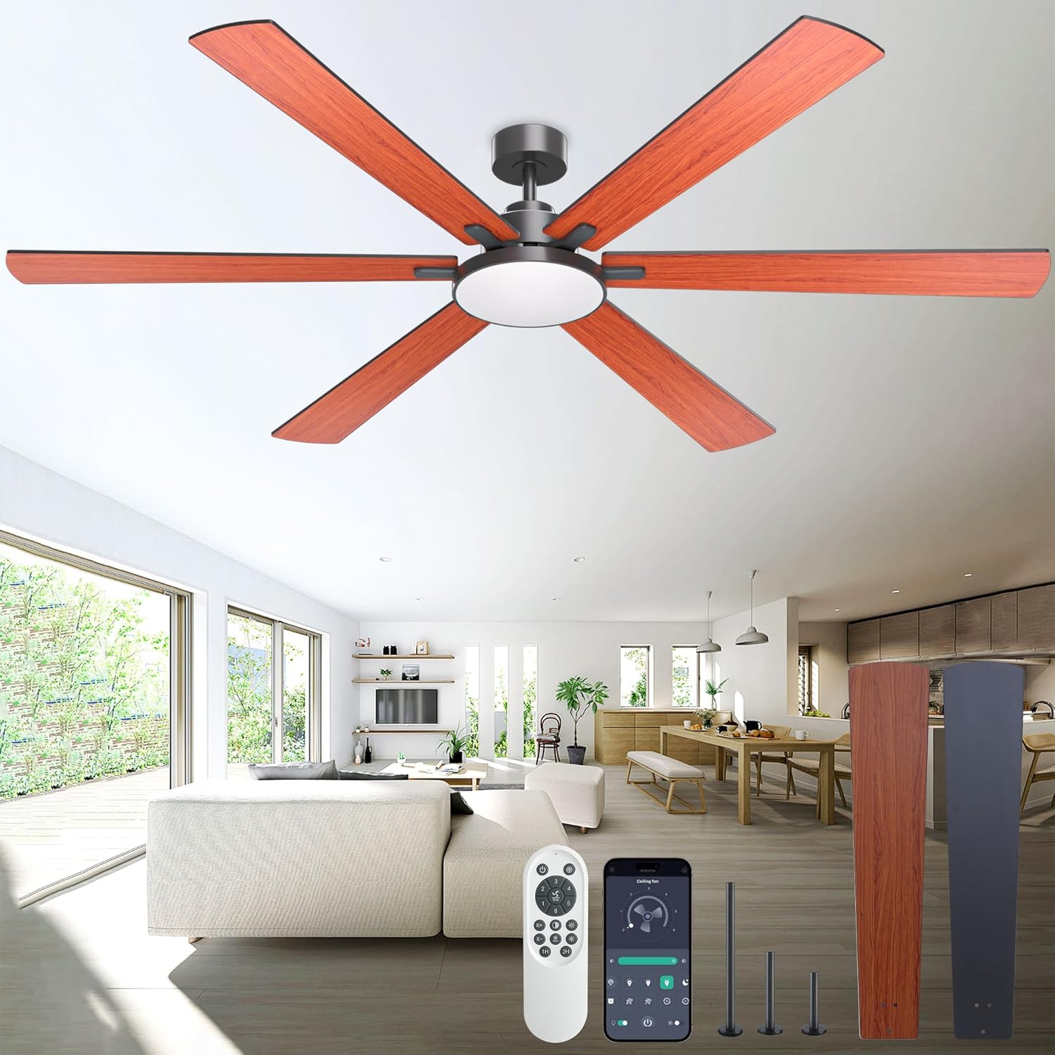 80 Inch Ceiling Fans with Lights and Remote Control, Indoor/Outdoor Flush Mount Low Profile, Commercial Reversible Dimmable Ceiling Fans for Living Room Patio Industrial Shop, Wood Grain