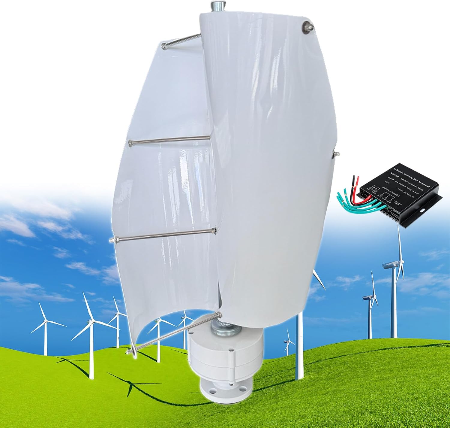 12000W Vertical Wind Turbine Generator Kit, 12V/24V/48V 2 Blades Helical Magnetic Levitation Shaft Vertical Wind Turbine with MPPT Controller, Suitable for Home Factory Use,E-24V