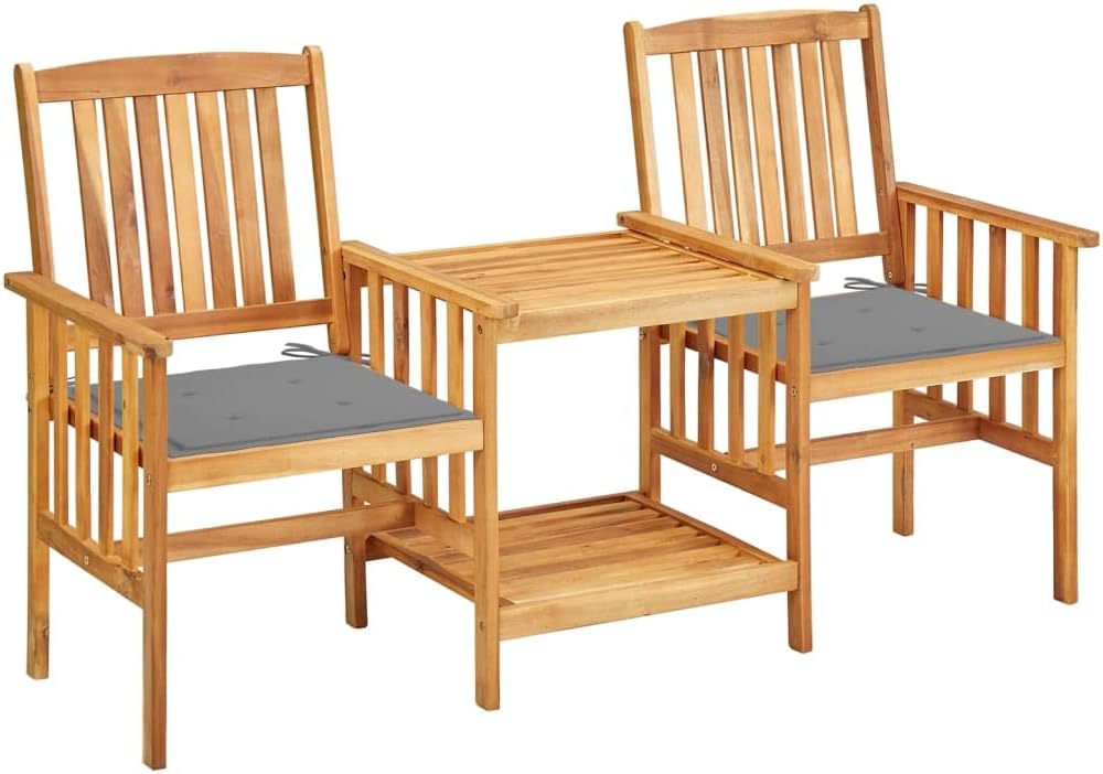 Patio Chairs with Tea Table and Cushions Solid Acacia Wood,Acacia Wood Outdoor Bistro Set with Gray Cushions, 3Piece Patio Furniture Sets, Outdoor Furniture Sets