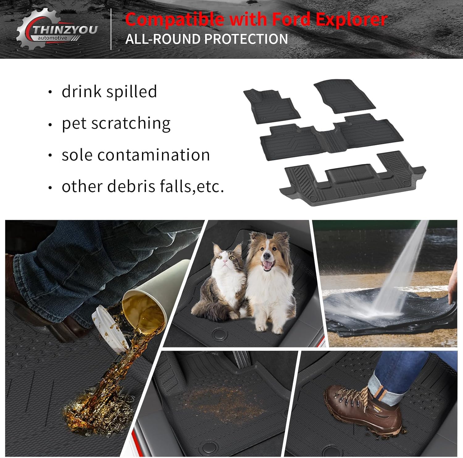 Floor Mats Compatible with 2020-2026 Ford Explorer 6 Seat Trunk Mat Cargo Liner TPE Back Seat Cover Protector 2025 Explorer Accessories (Fit 6 Seat,Trunk Mat with Backrest Mats+Floor Mats)