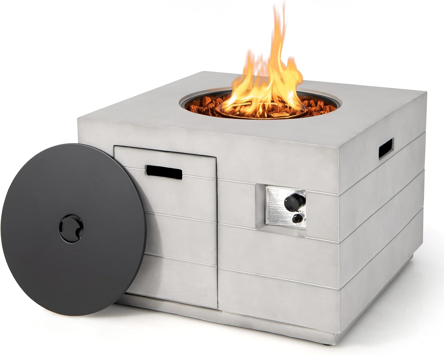 Tangkula 35 Inch Concrete Propane Gas Fire Pit Table, Patiojoy Square Outdoor Propane Fire Table with Protective Cover Lava Rocks & Metal Lid, 50,000BTU Outdoor Concrete Fire Table for Patio, Garden