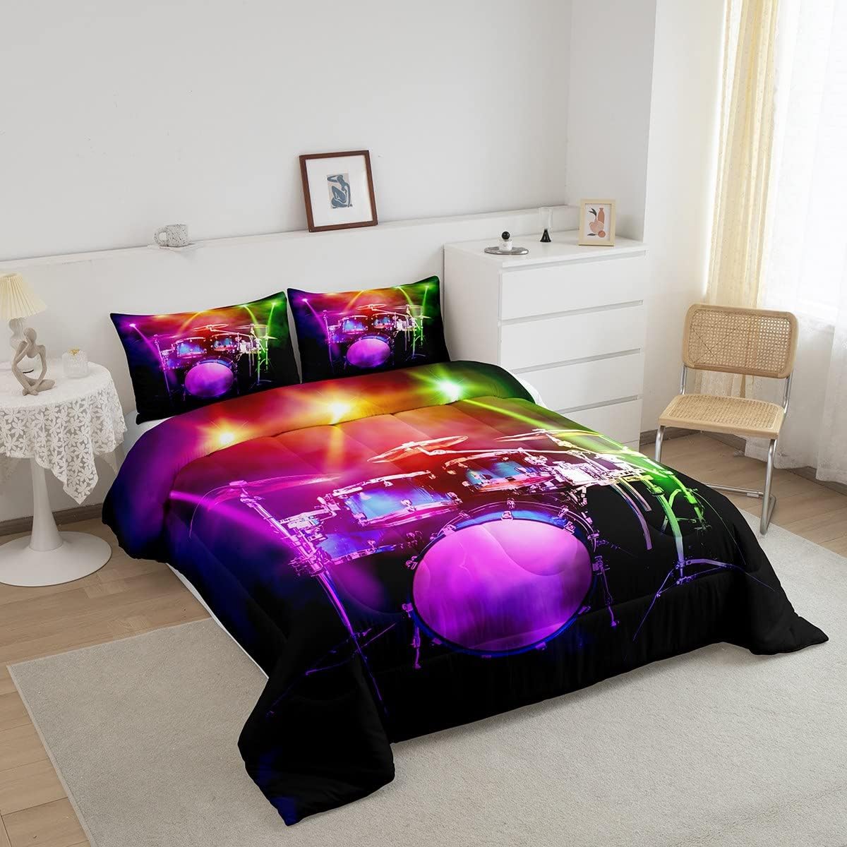 Feelyou Drum Kit Comforter Music Themed Bedding Set Musical Instruments Comforter Set for Boys Girls Kids Room Decor Colorful Glitter Duvet Set King Size with 2 Pillow Case Boys