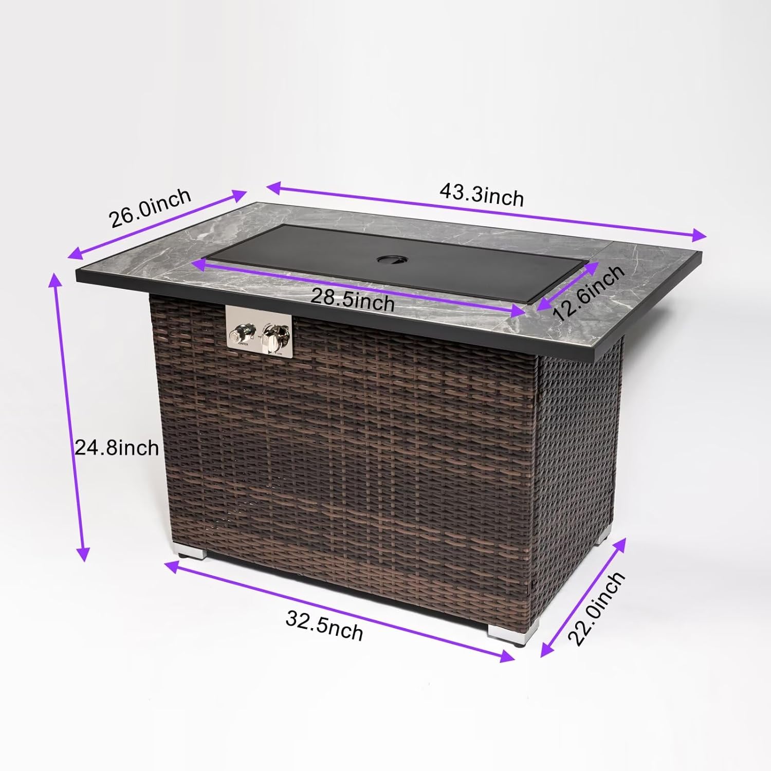 44in Outdoor Propane Gas Fire Pit Table, 50,000 BTU Auto-Ignition Gas Firepit with Glass Wind Guard, Marble Tile Tabletop, Mixed Color Glass Rocks, Brown PE Rattan