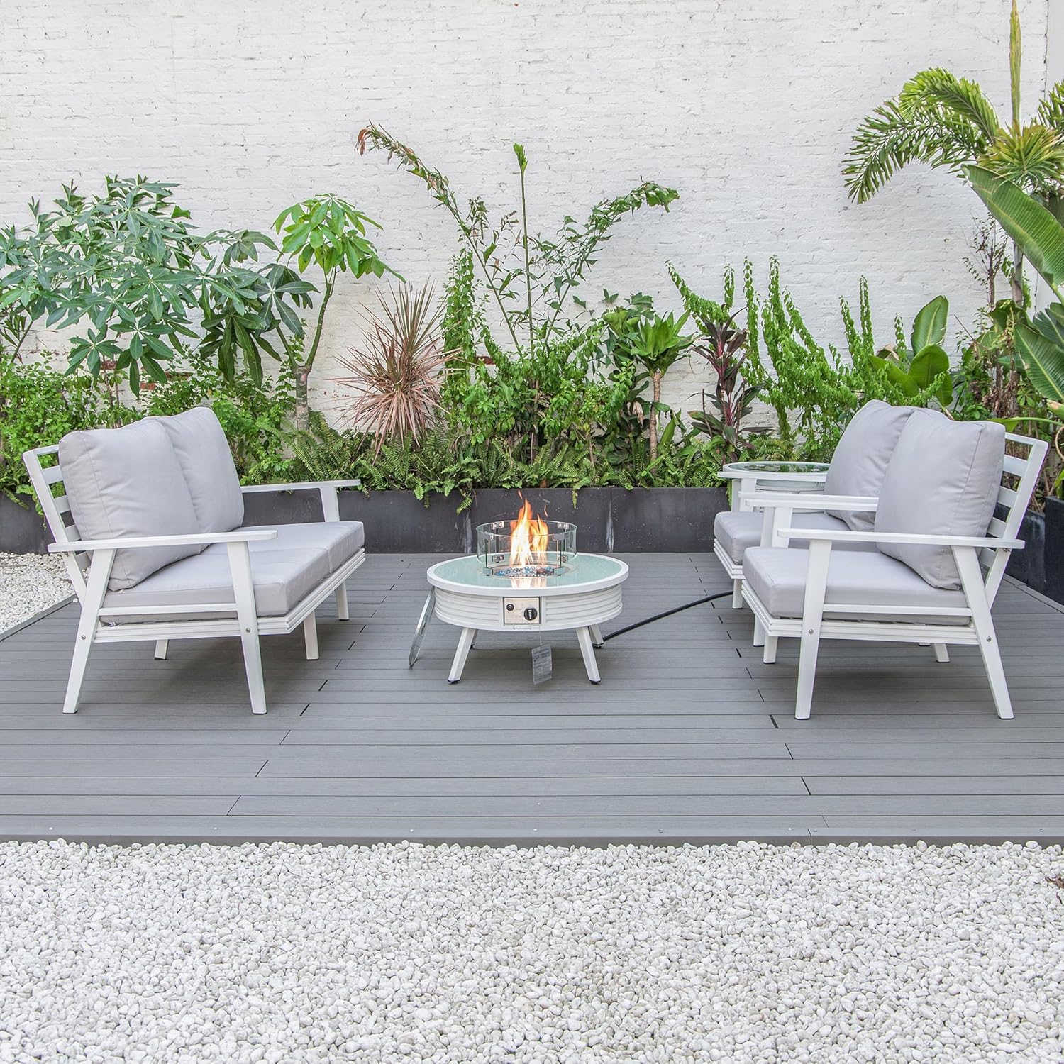 LeisureMod Walbrooke Modern Aluminum 5-Piece Patio Conversation Set with Outdoor Round Fire Pit Table with Slats Design & Side Table Tank Holder (Light Grey)