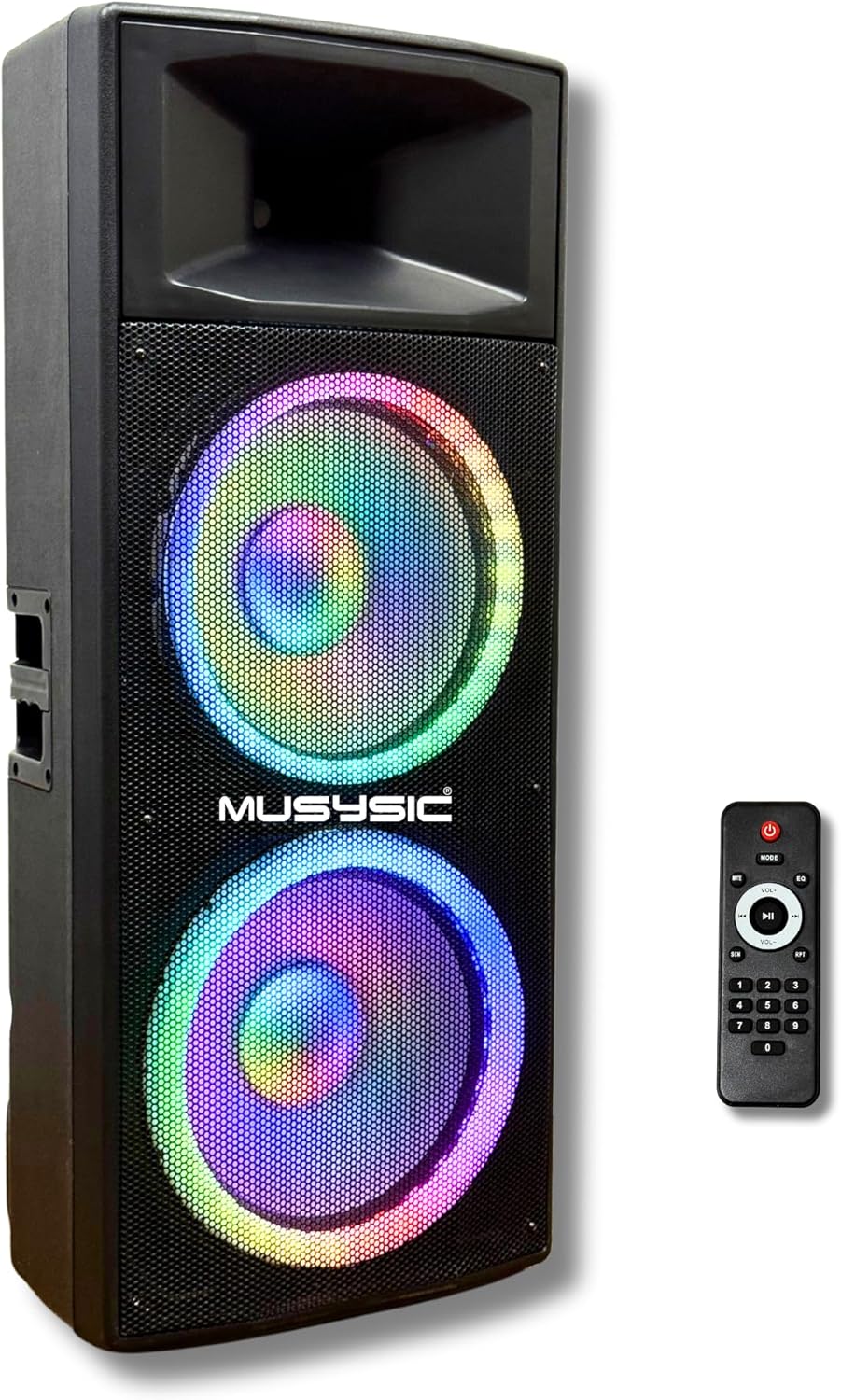 MUSYSIC Portable PA Speaker System w/Bluetooth – Built in 4000W PMPO Amplifier with LED Party Lights Bluetooth, FM, USB, SD 1/4“Inputs PA System – 2 X 15” Subwoofer Speaker