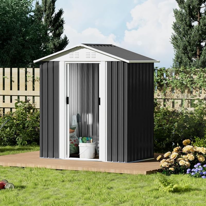 Outdoor Storage Shed Waterproof Metal Garden Tool Bike Sheds Kit Lean to Backyard Storage Building Cabinet House,5x3 Feet Grey with Base