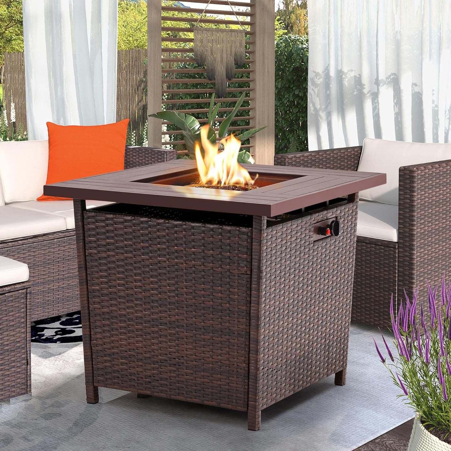 Yaheetech Fire Pit 28in Propane Fire Pit Table 50,000 BTU Wicker Gas Fire Pit Table w/Weatherproof PE Rattan Frame and Fire Glass for Outdoor Patio Garden Backyard, Smokeless Gas Firepit Table