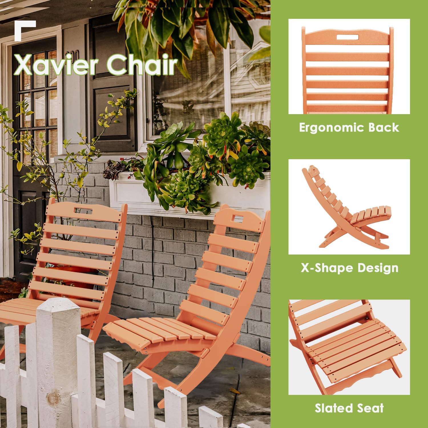 GREENVINES | Limited Edition | Apricot | Folding-Xavier-Chairs Set of 2 | Wave | Portable Adirondack-Chair | HDPE Plastic | All Weather Fire-Pit Chair | for Beach Outdoor Deck Poolside