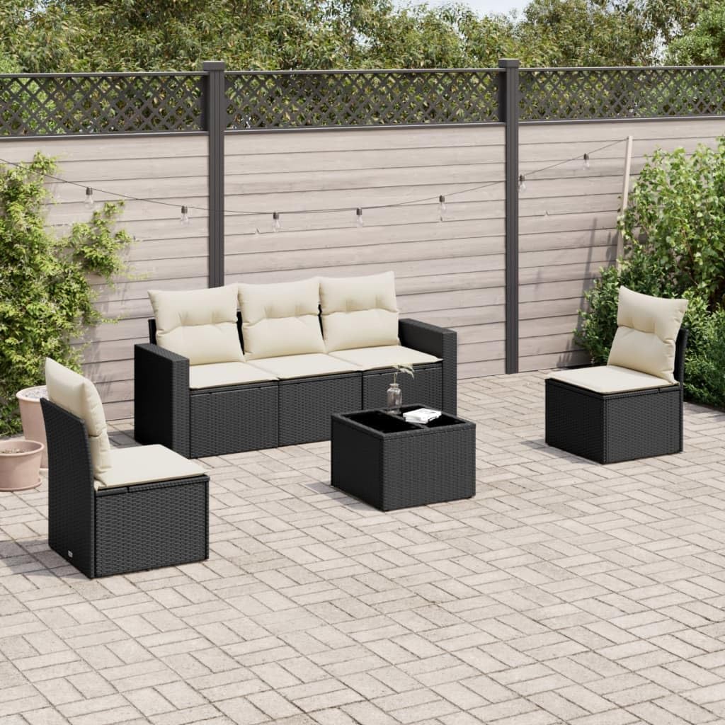6-Piece Modular Garden Sofa Set, Black Poly Rattan Patio Furniture, Outdoor Lounge Seating for 5 People, Terrace Balcony Dining