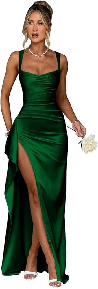 Satin Ruffle Prom Dresses Long for Women Spaghetti Straps Mermaid Slit Cocktail Dresses Formal Gowns for Teens