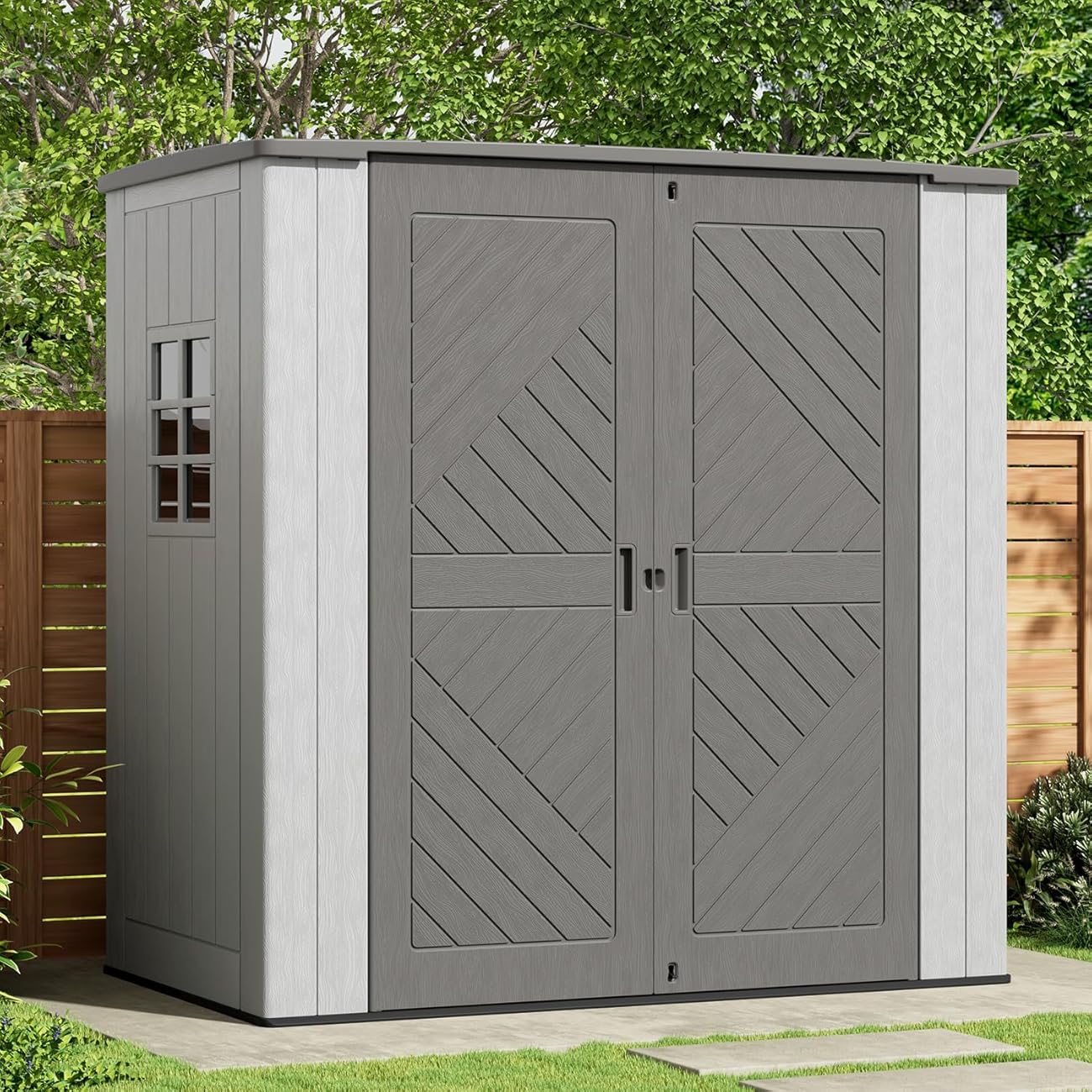 KINYING 6x4 FT Vertical Outdoor Storage Shed,Resin Clearance Outdoor Sheds with Floor,Garden Tool Shed for Lawn Mower/Bike Storage/Trash Cans/Pool Supplies,Lockable