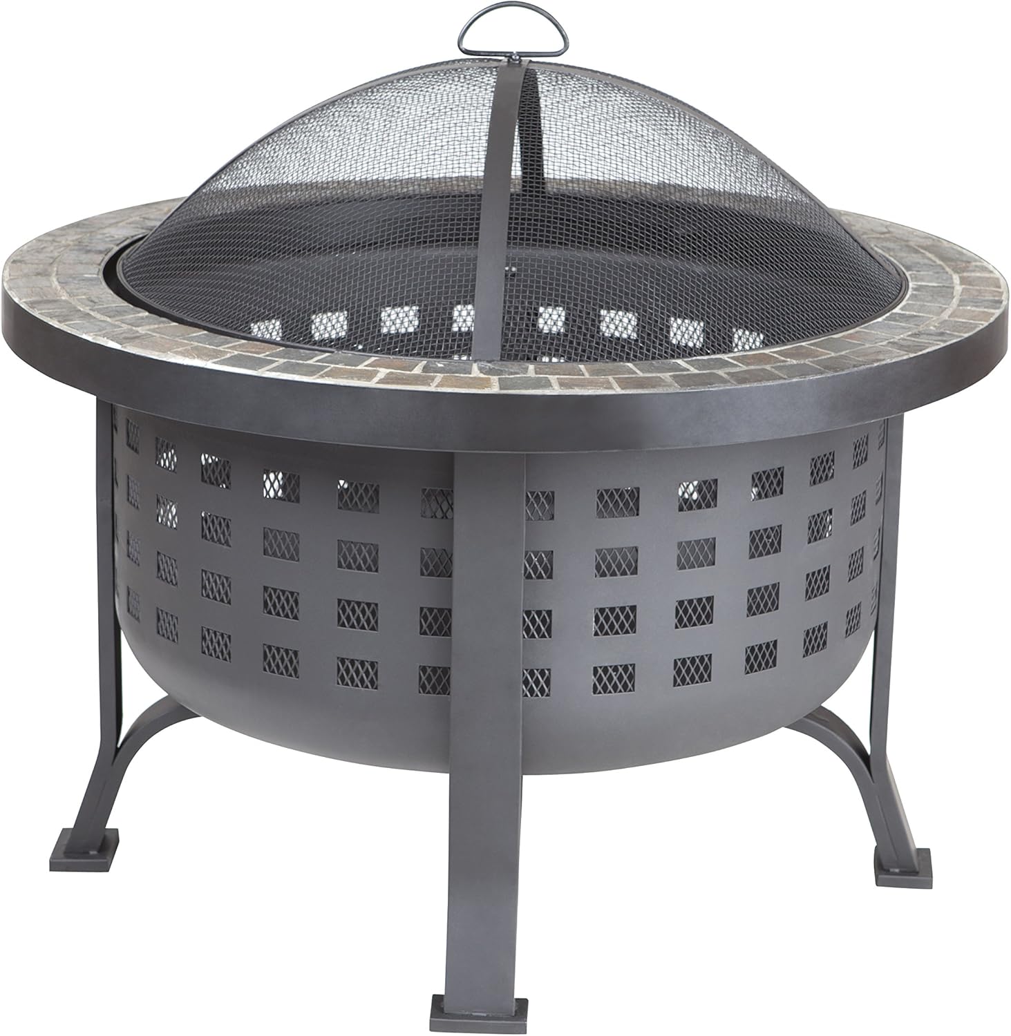 Fire Sense 62240 Fire Pit Alpina Slate Top Wood Burning Lightweight Portable Outdoor Firepit Backyard Fireplace for Camping Bonfire Included Screen Lift Tool & Cooking Grate - Round - 24